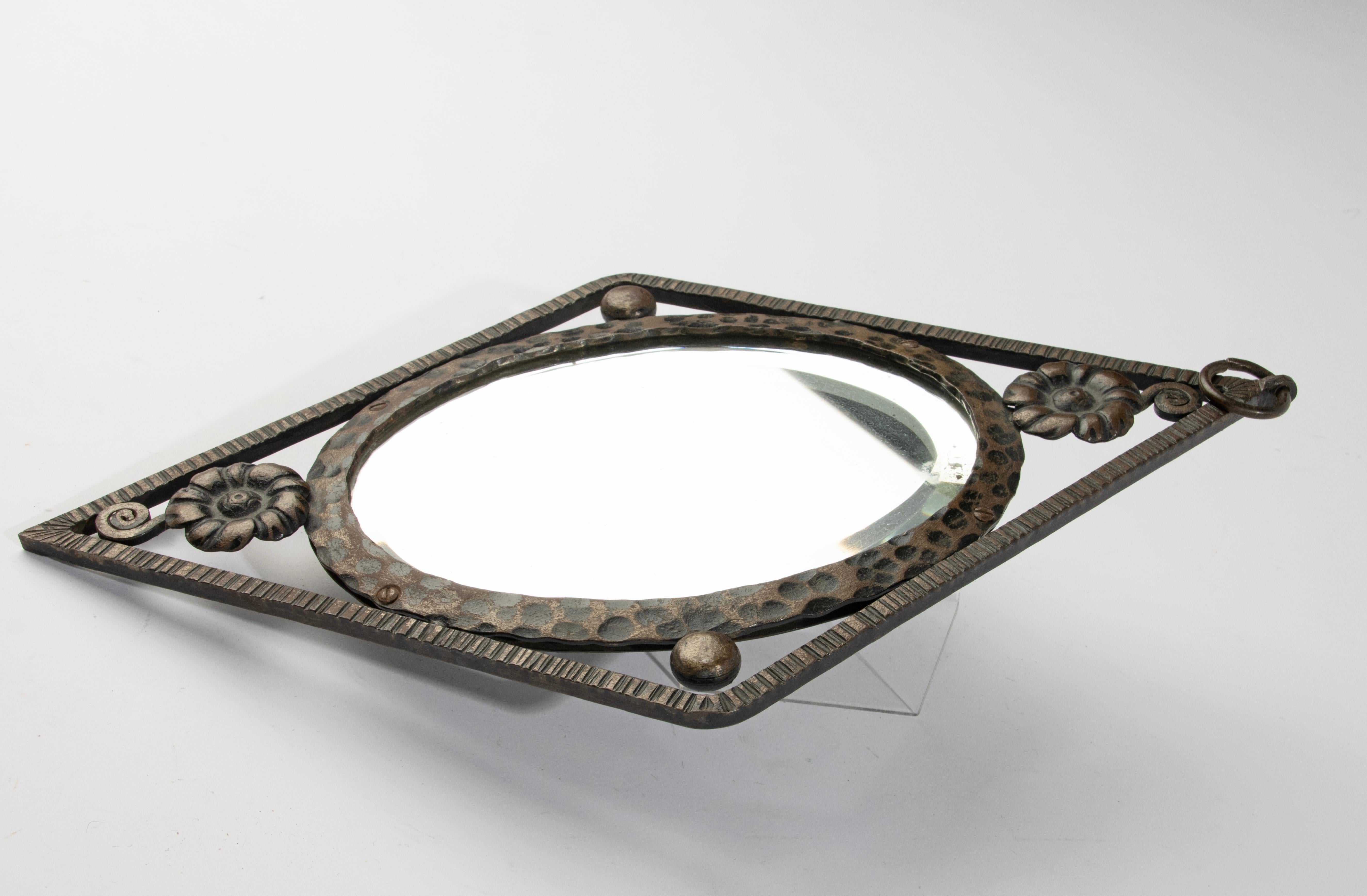 Metal Art Deco Wall Mirror -  Diamond Shape - Wrought Iron