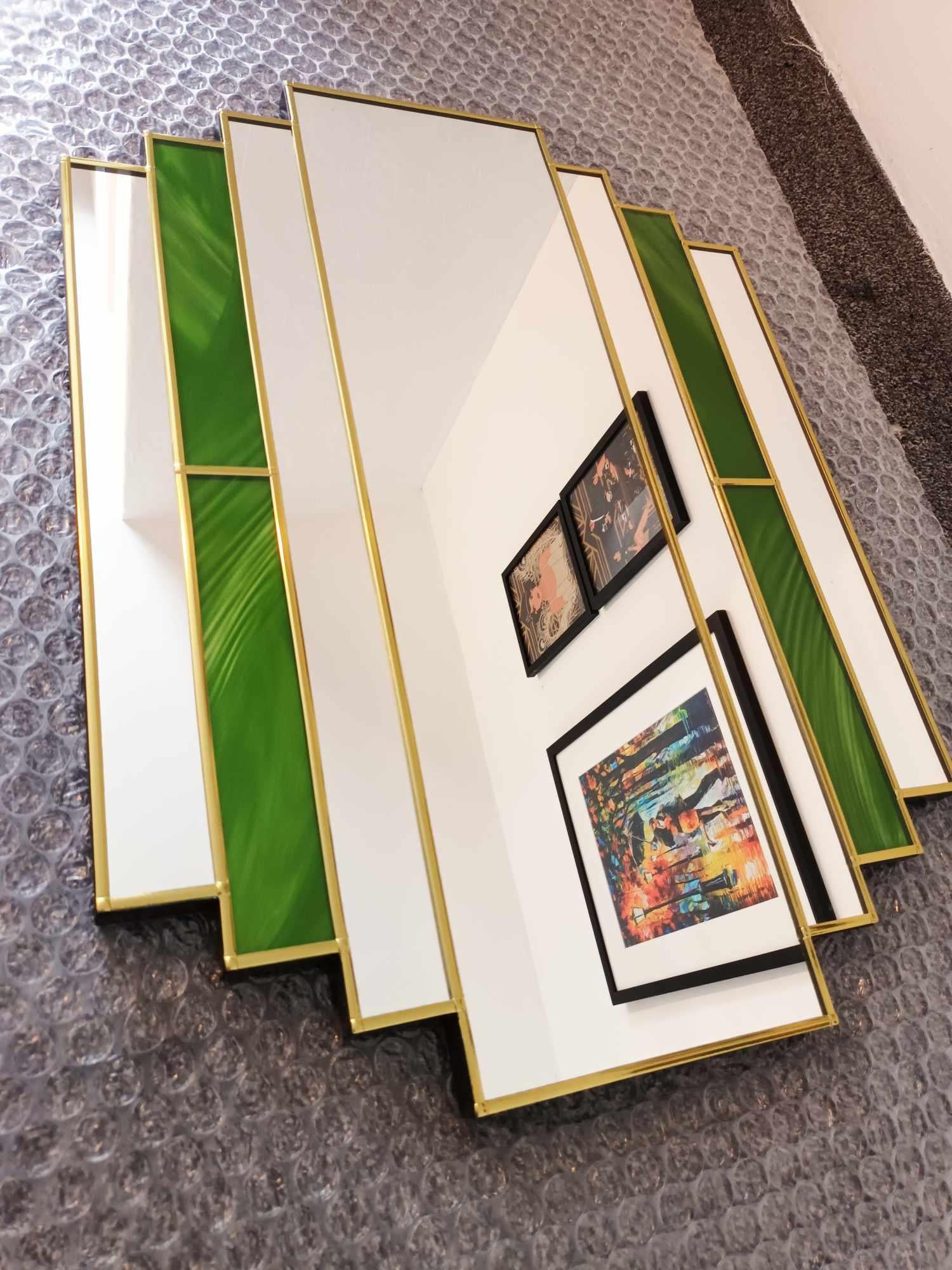 British Art Deco Wall Mirror in Green and Brass 
