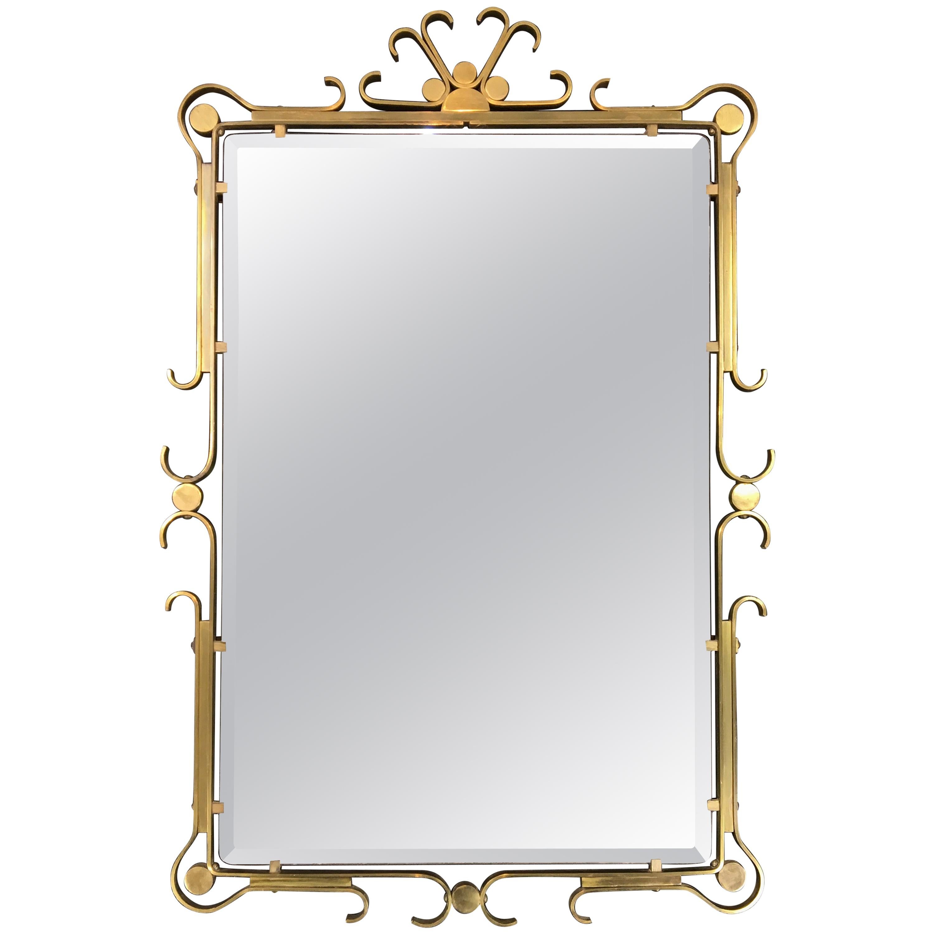 Art Deco Wall Mirror of Brass with Beveled Mirror Glass
