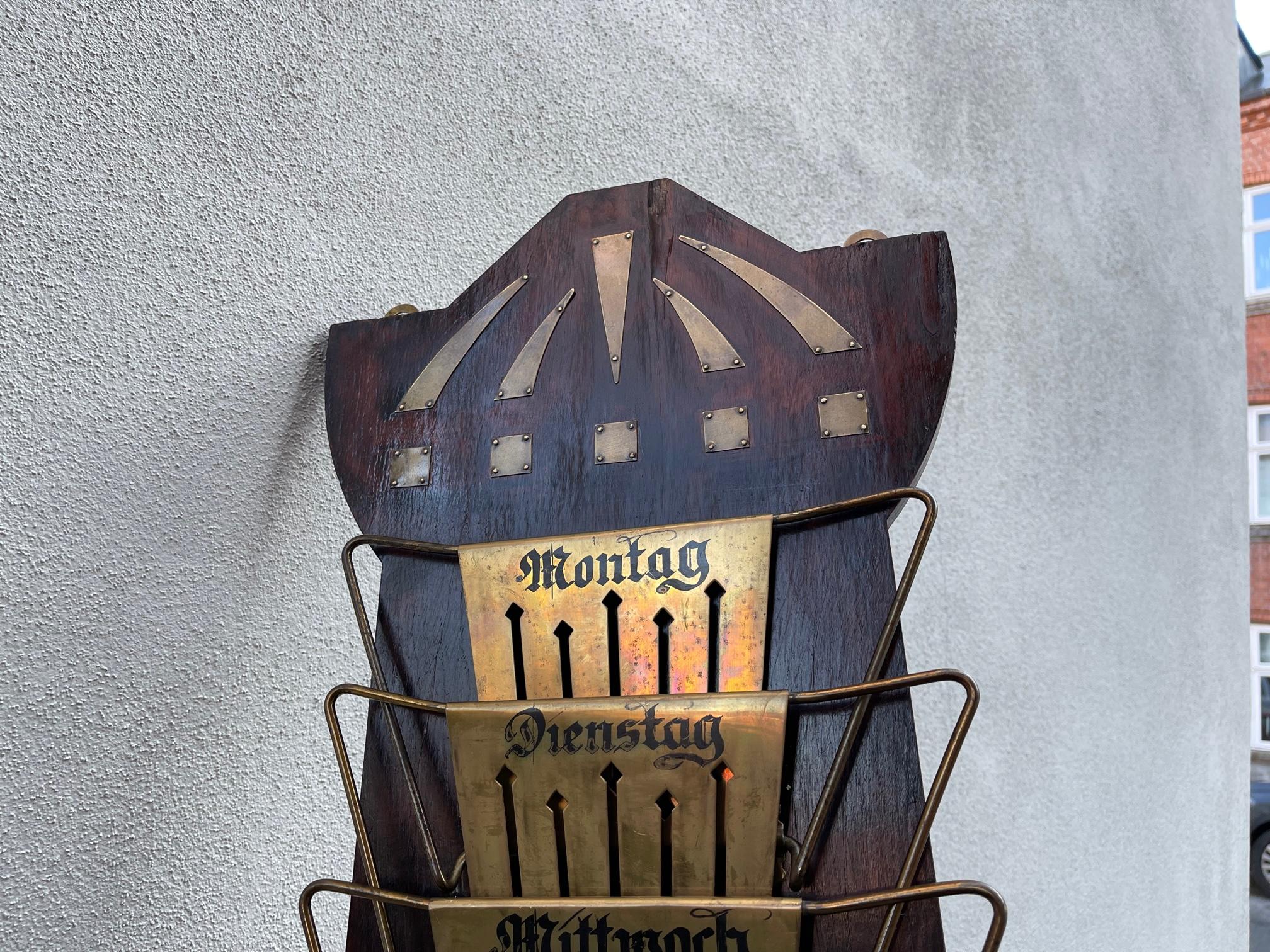 German Art Deco Wall Mounted Magazine Rack in Mahogany & Brass, 1920s For Sale