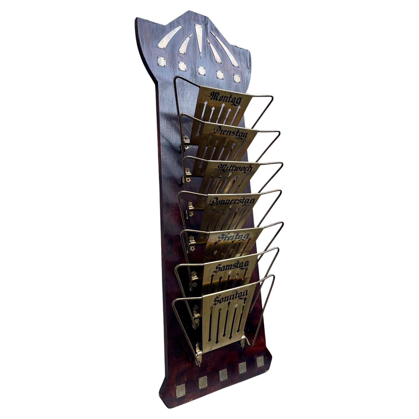 Art Deco Wall Mounted Magazine Rack in Mahogany & Brass, 1920s For Sale
