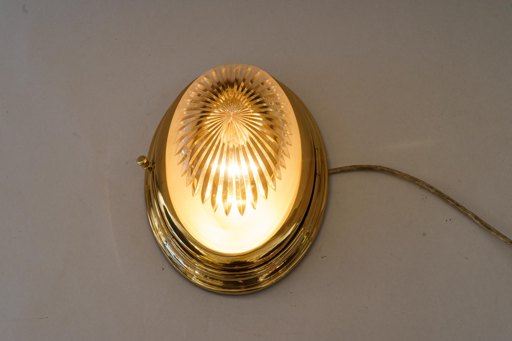 Brass Art Deco wall or ceiling lamp with cut glass shade vienna around 1920s For Sale