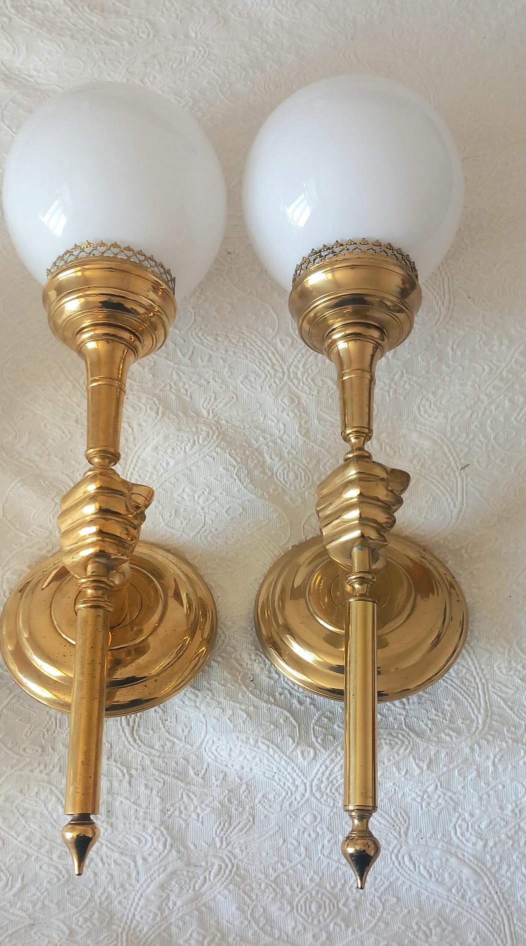 Wall Sconce Torch Extra Large Brass  Opal Glass Spectacular (2:Each) In Excellent Condition In Mombuey, Zamora