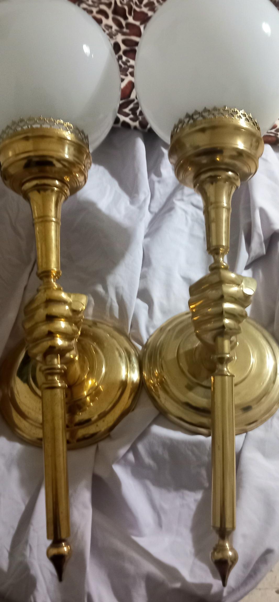 20th Century Wall Sconce Torch Extra Large Brass  Opal Glass Spectacular (2:Each)