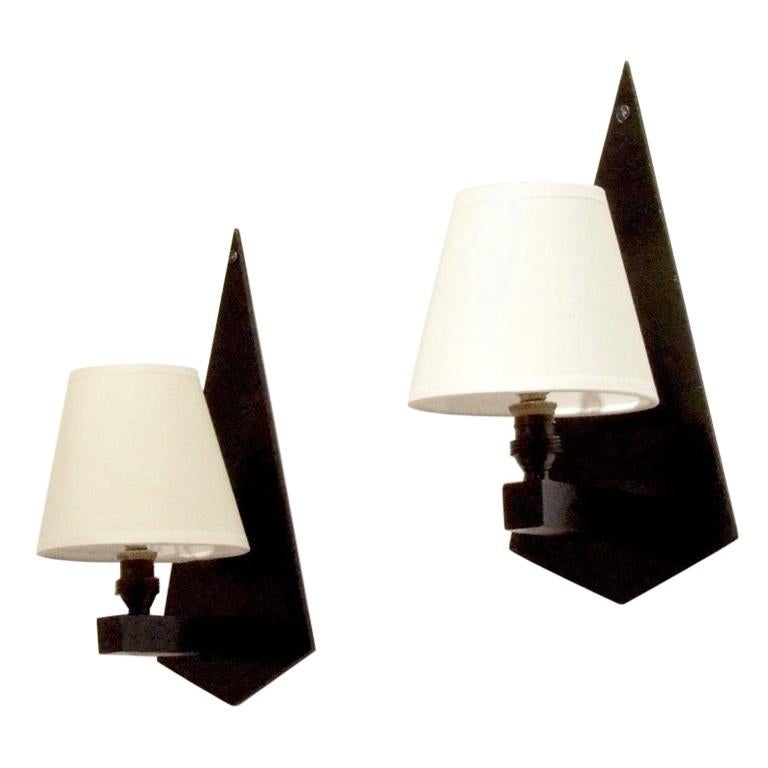 Art Deco Wall Sconces in Black Wood and Textile, Set of 2, 1930s For Sale