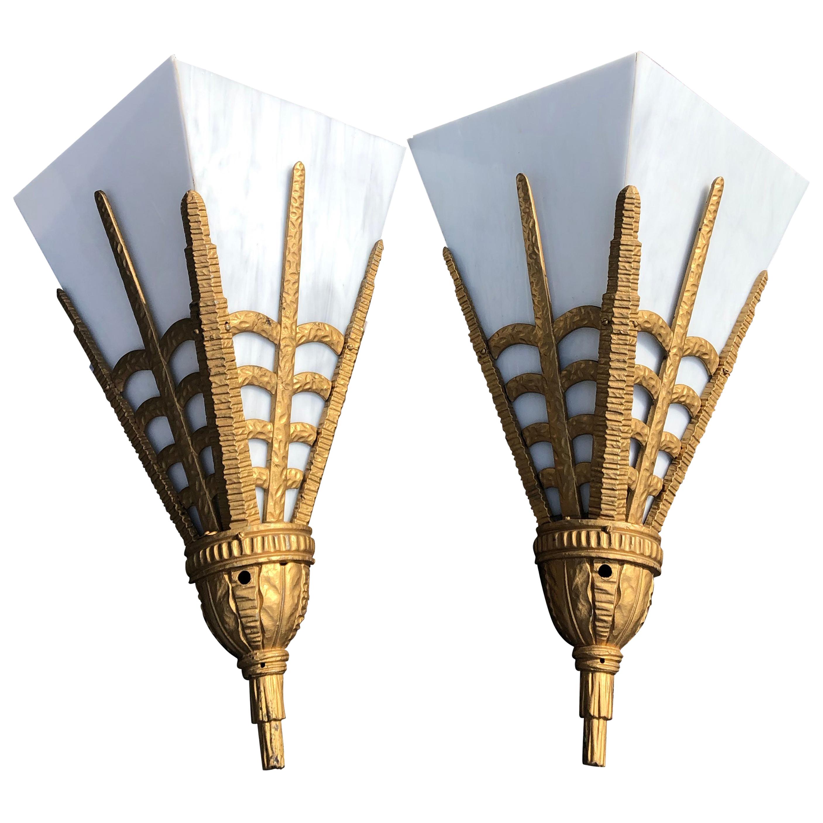 Art Deco Wall Sconces Milk Glass Panels