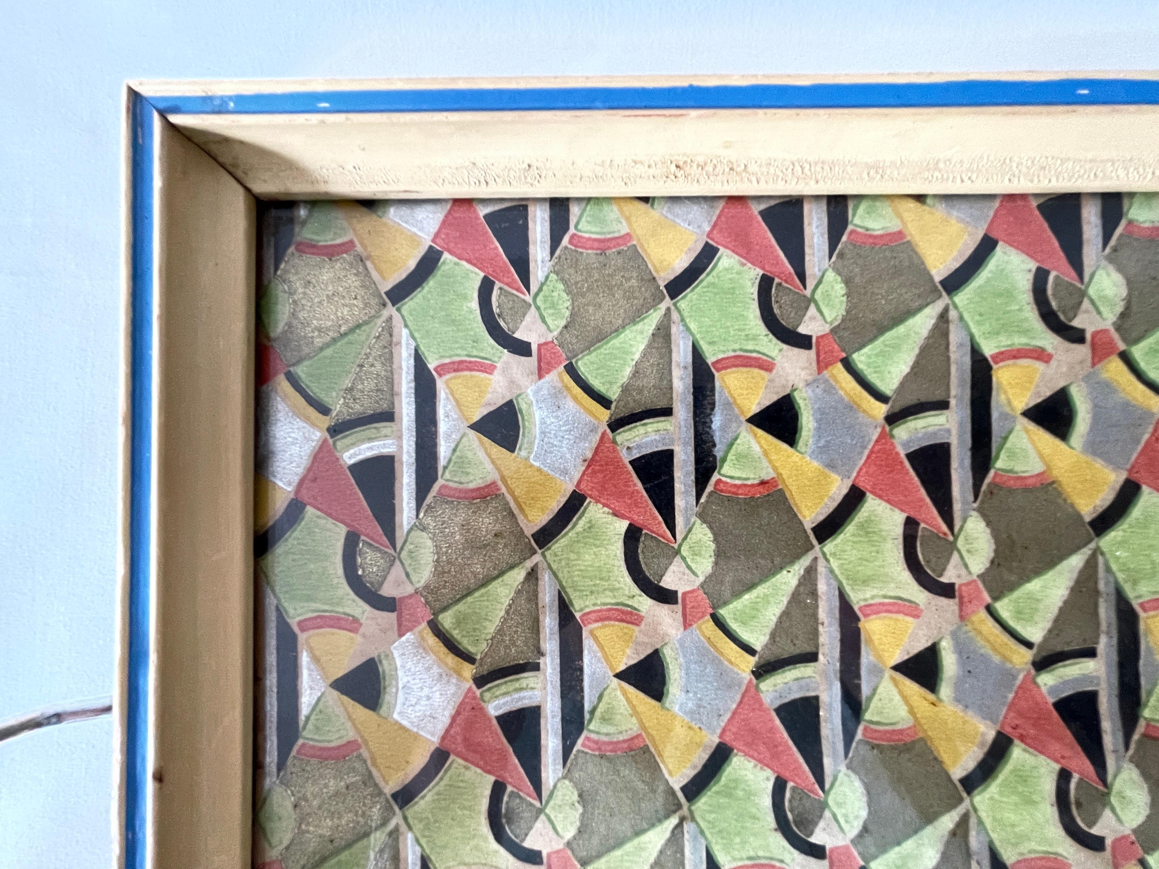 Plateau de service Art déco rectangulaire encadré de papier géométrique peint à la main  en vente 3
