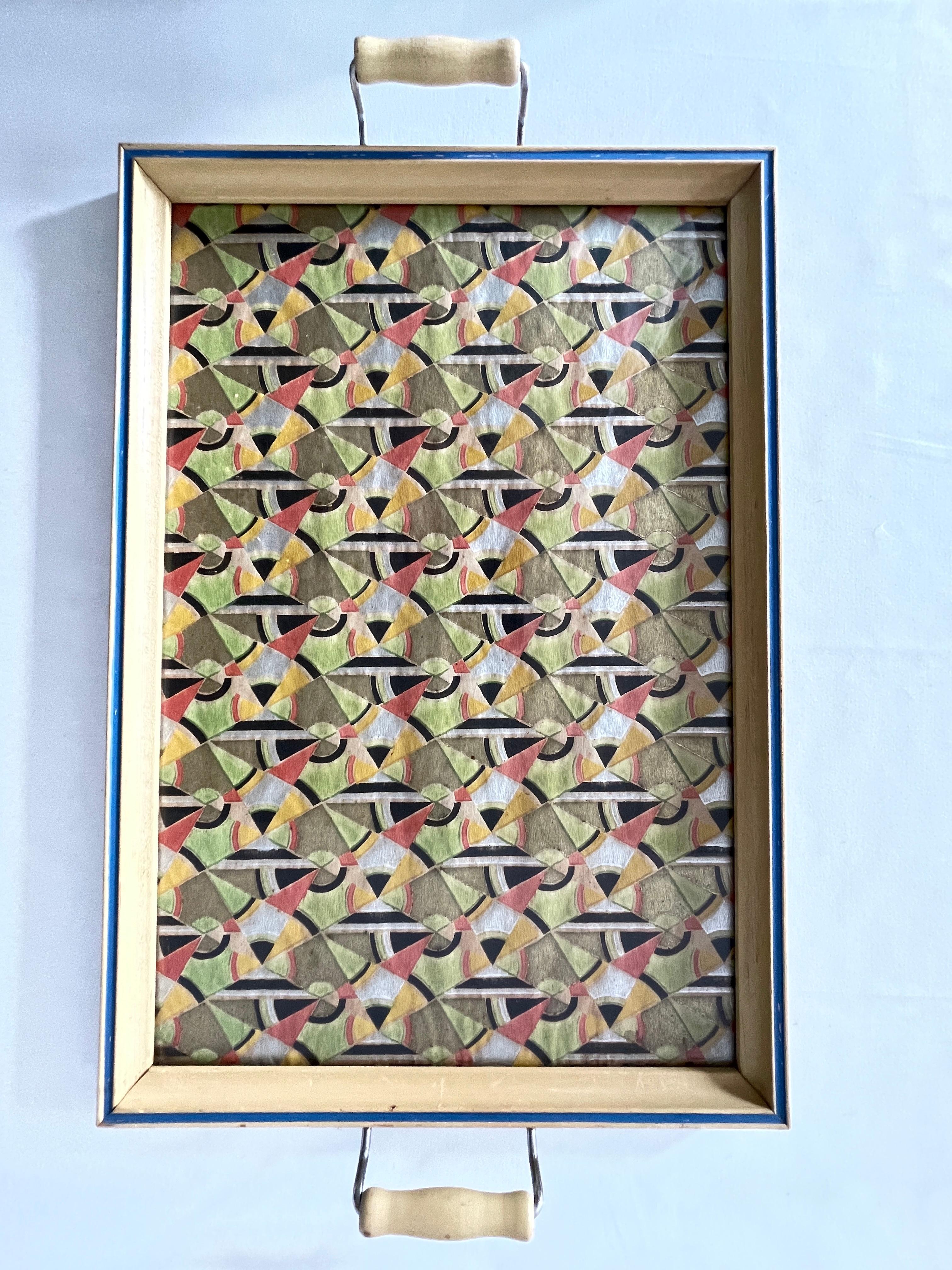 Plateau de service Art déco rectangulaire encadré de papier géométrique peint à la main  en vente 5