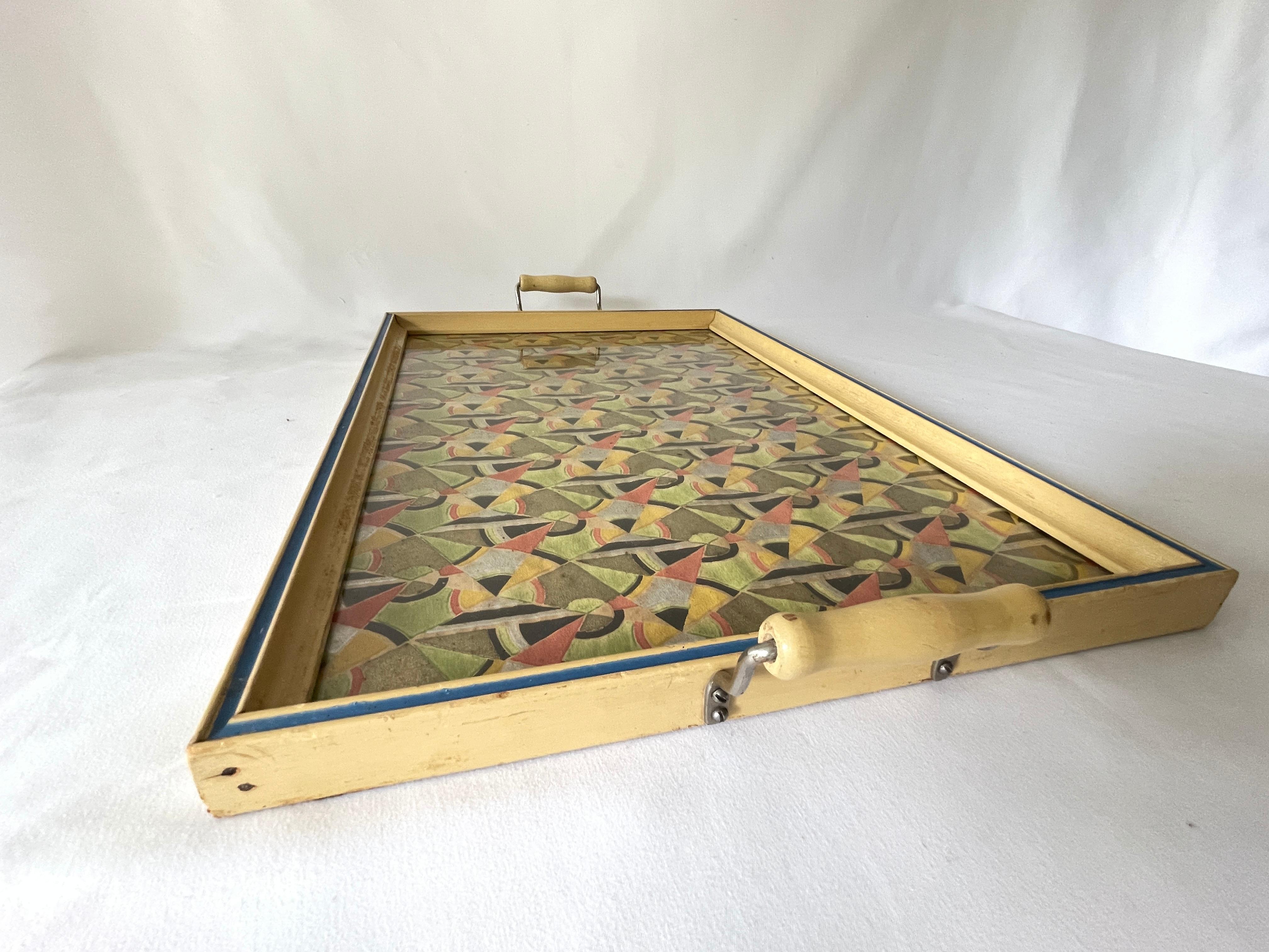 Art Deco Rectangular Framed Geometric Hand Painted Paper Serving Tray  For Sale 7