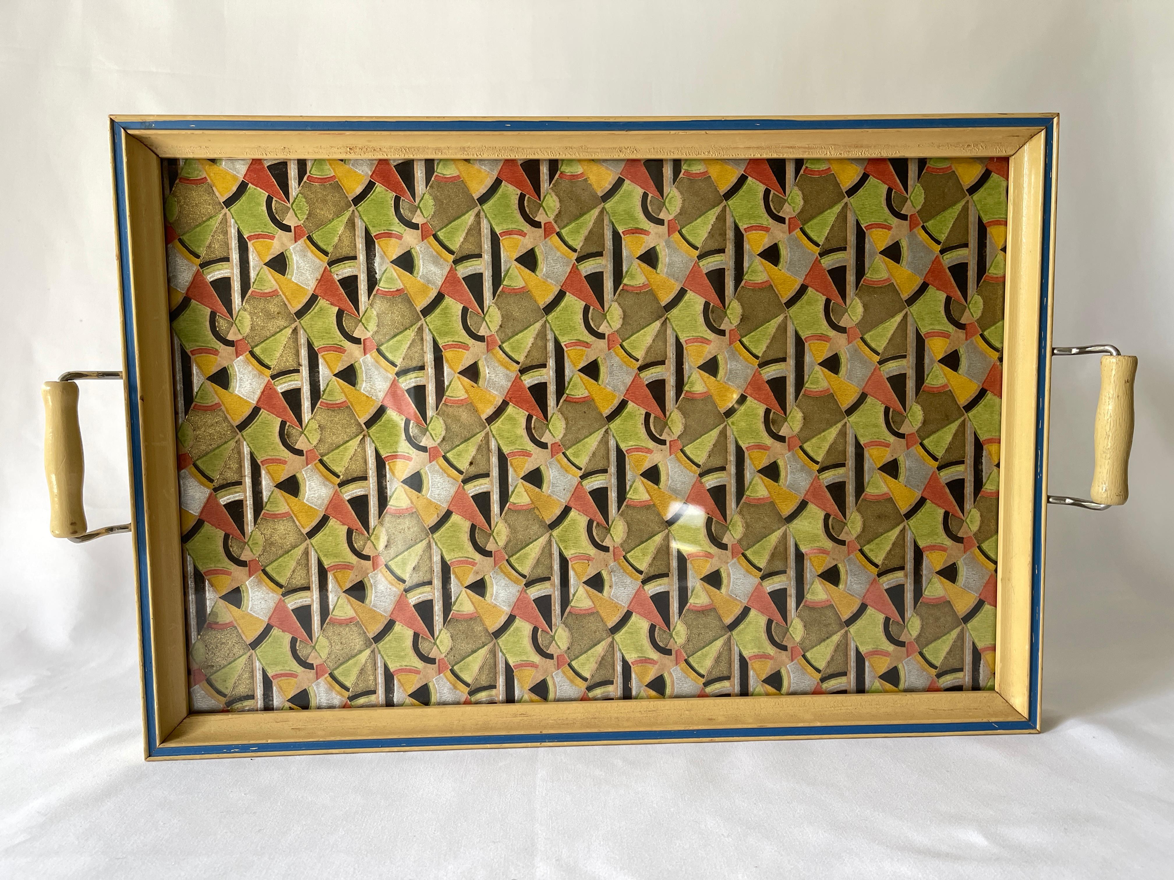 American Art Deco Rectangular Framed Geometric Hand Painted Paper Serving Tray  For Sale