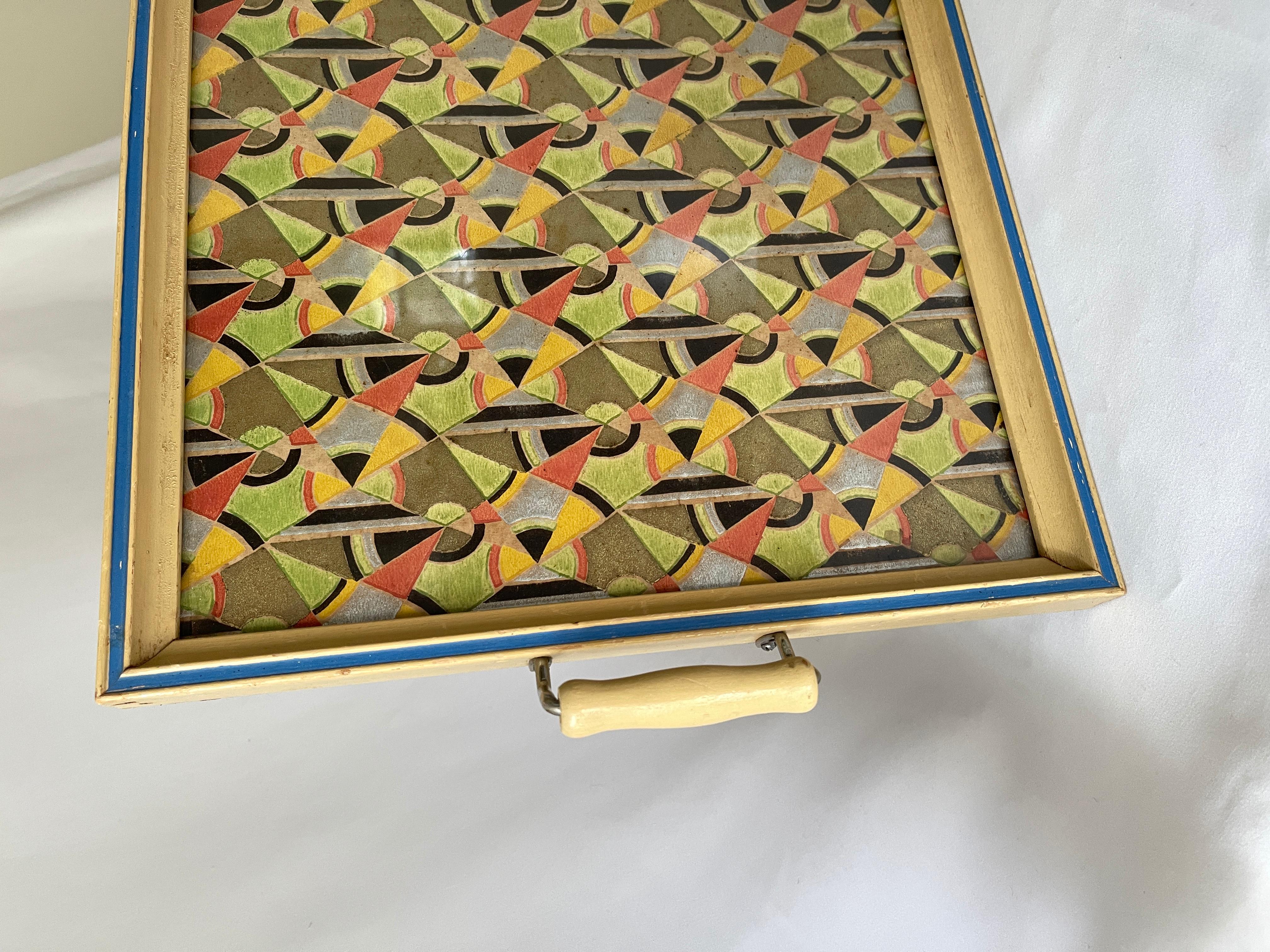 Art Deco Rectangular Framed Geometric Hand Painted Paper Serving Tray  In Good Condition For Sale In New York, NY