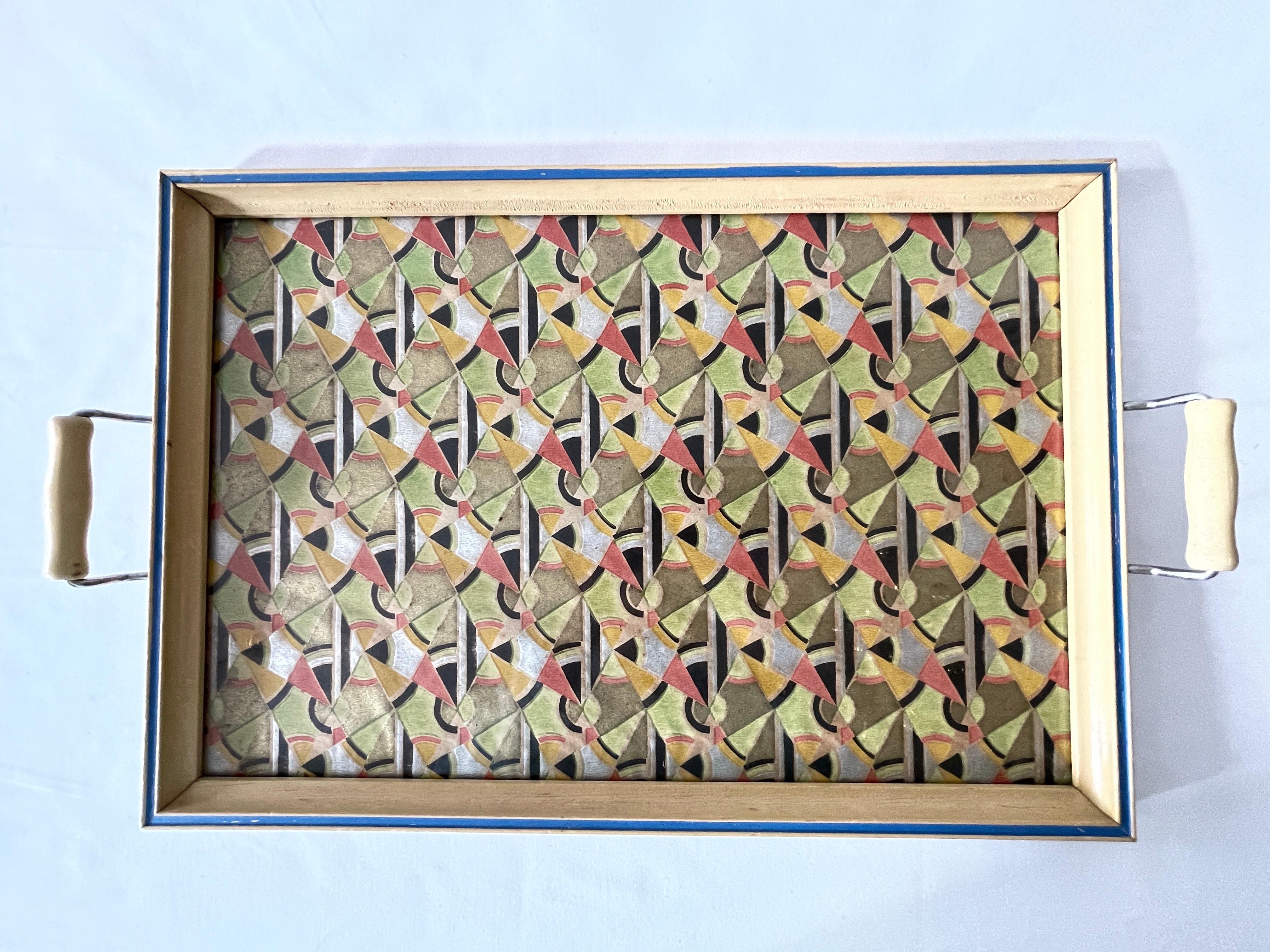 20th Century Art Deco Rectangular Framed Geometric Hand Painted Paper Serving Tray  For Sale
