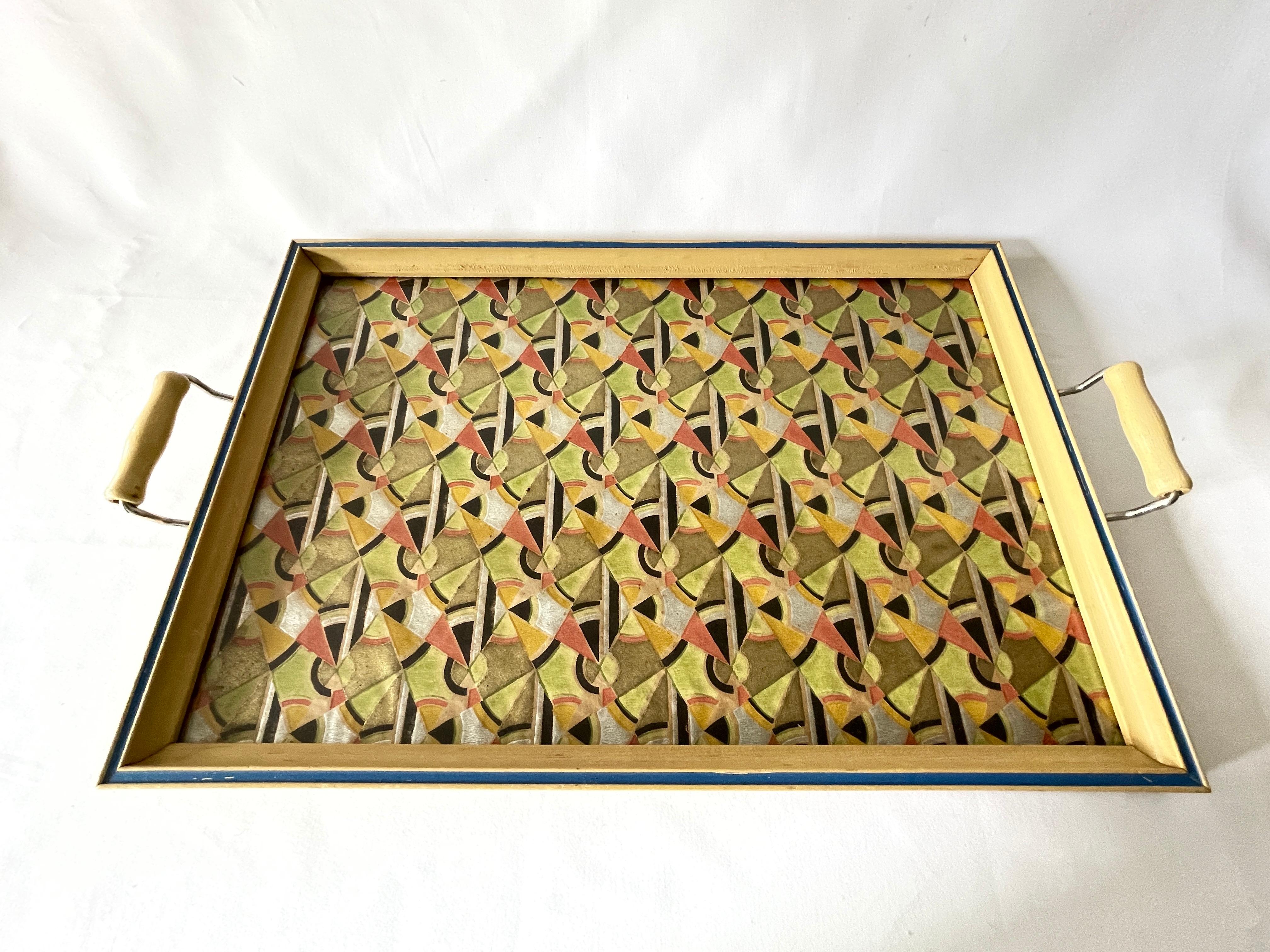 Glass Art Deco Rectangular Framed Geometric Hand Painted Paper Serving Tray  For Sale