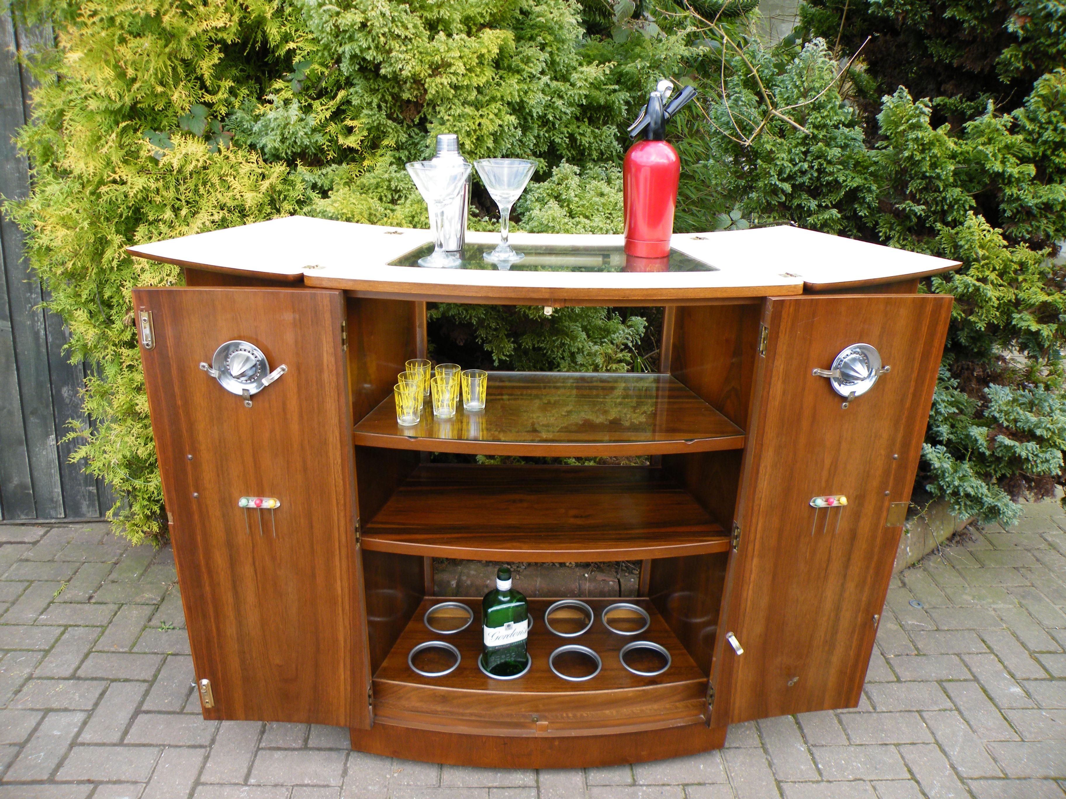 English Art Deco Walnut 1940s Flip Out Cocktail Bar For Sale