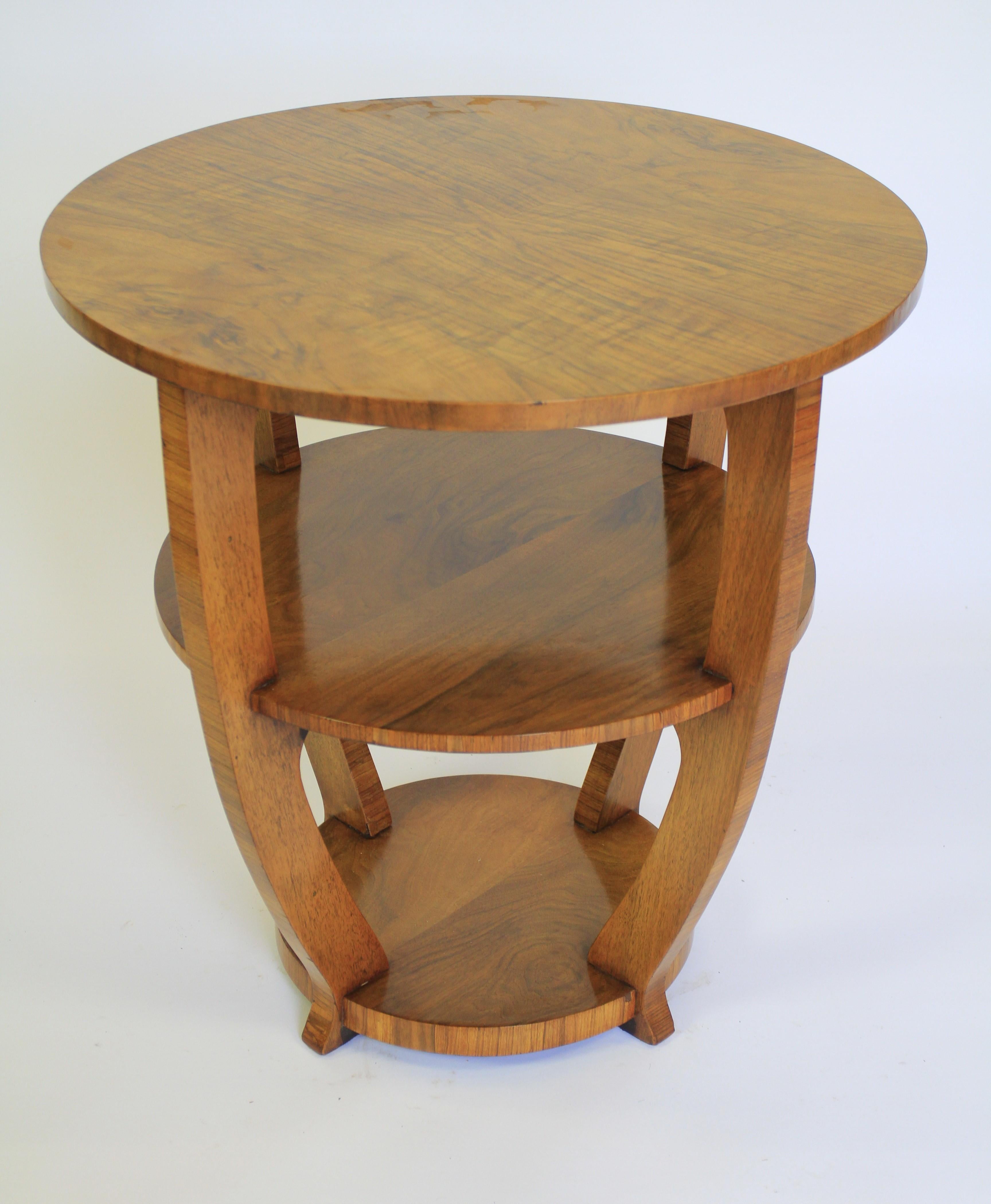 Polished Art Deco Walnut 3 Tier Lamp Table circa 1930s For Sale