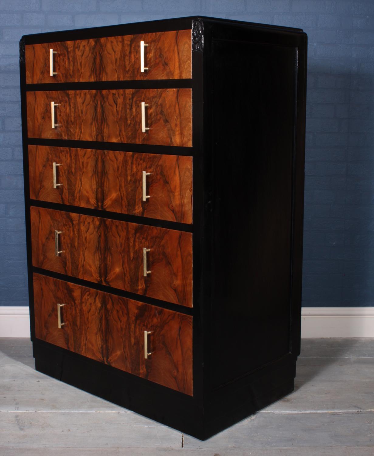 Mid-20th Century Art Deco Walnut and Ebonised Chest of Drawers