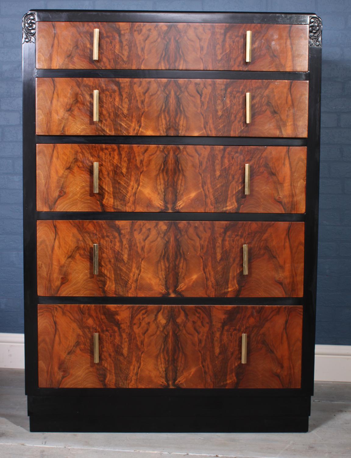Art Deco Walnut and Ebonised Chest of Drawers 1