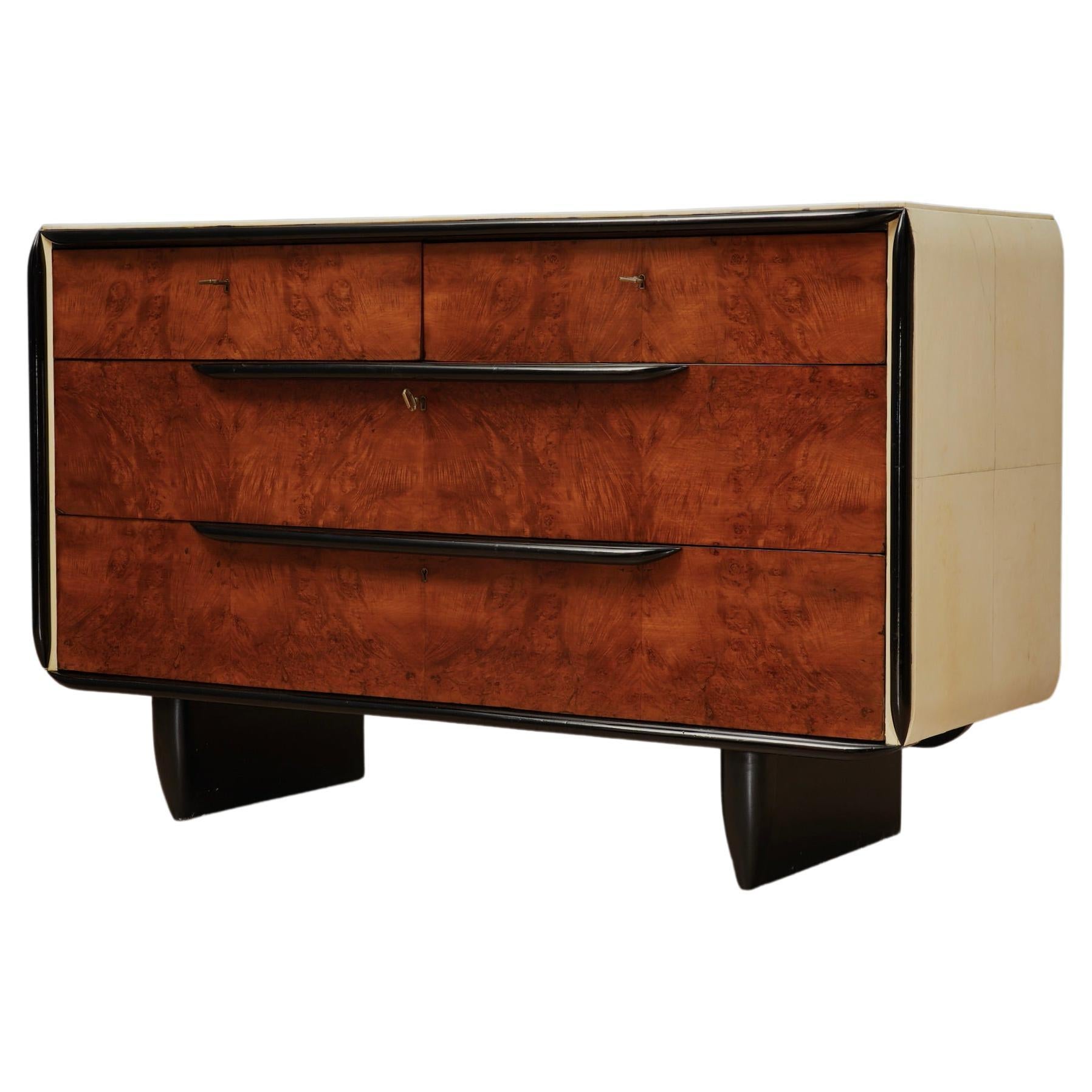 Art Deco Walnut and Goat Skin Italian School Commode Chest of Drawers, 1930