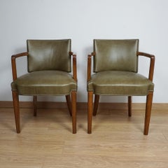 Art Deco Walnut and Green Leather Armchairs by Heal's of London