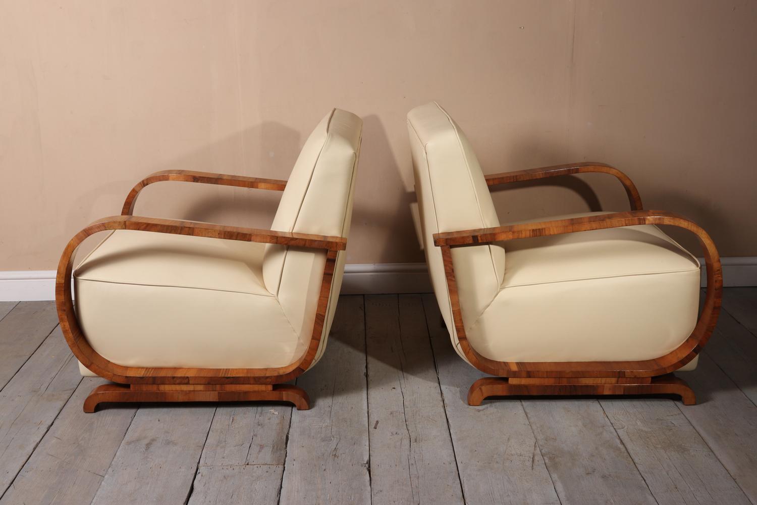 Art Deco Walnut and Leather Armchairs, circa 1930 In Excellent Condition In Paddock Wood, Kent