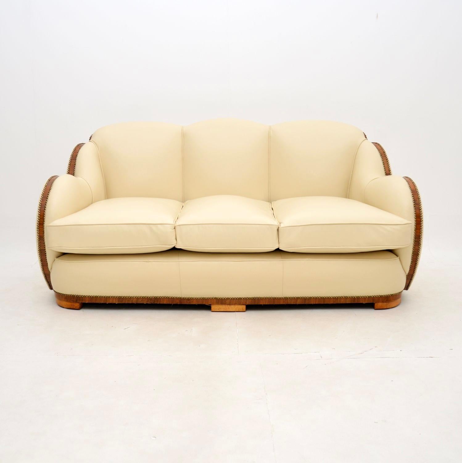 British Art Deco Walnut and Leather Cloud Back Armchairs and Sofa by Epstein