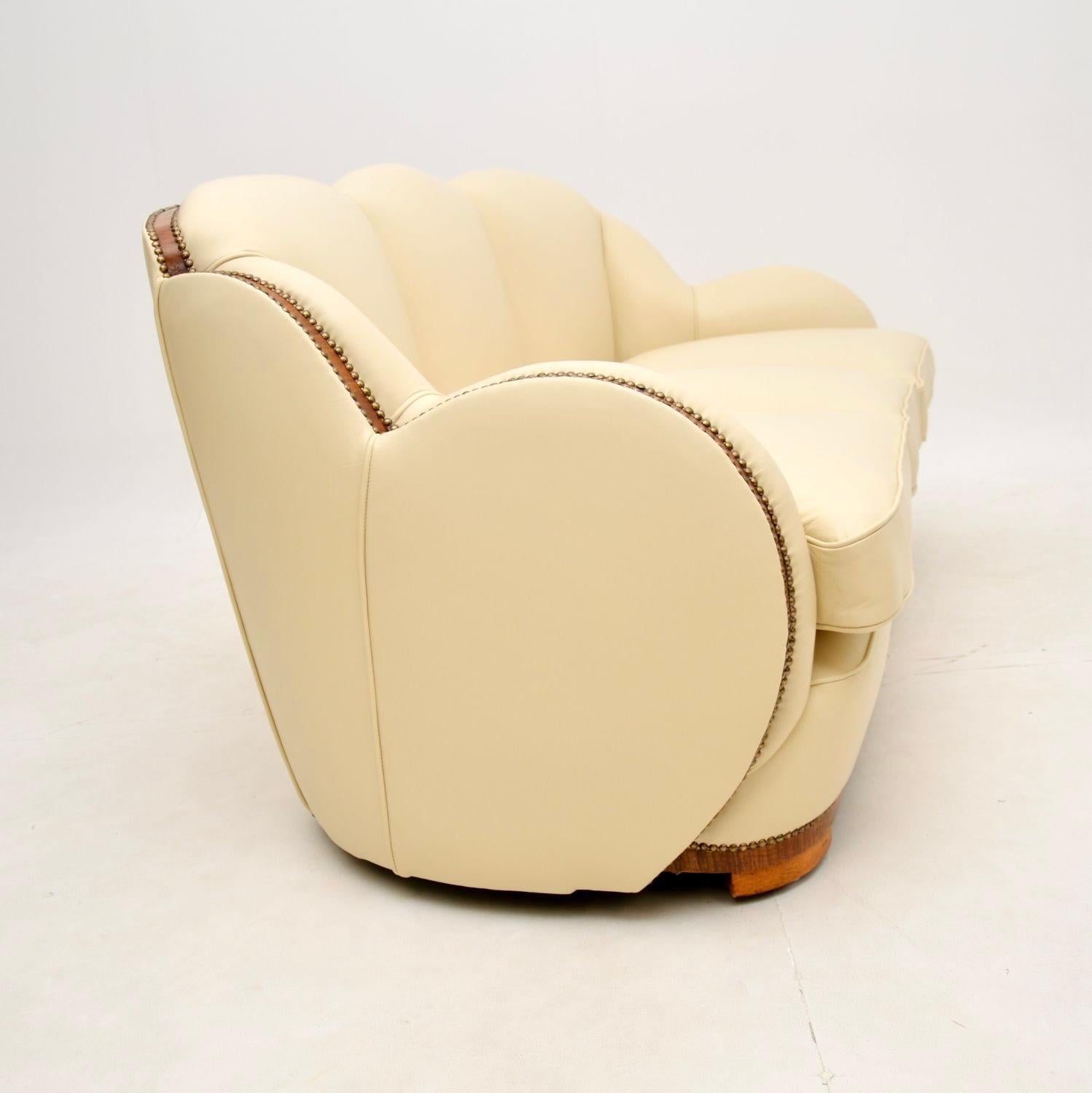 Early 20th Century Art Deco Walnut and Leather Cloud Back Armchairs and Sofa by Epstein