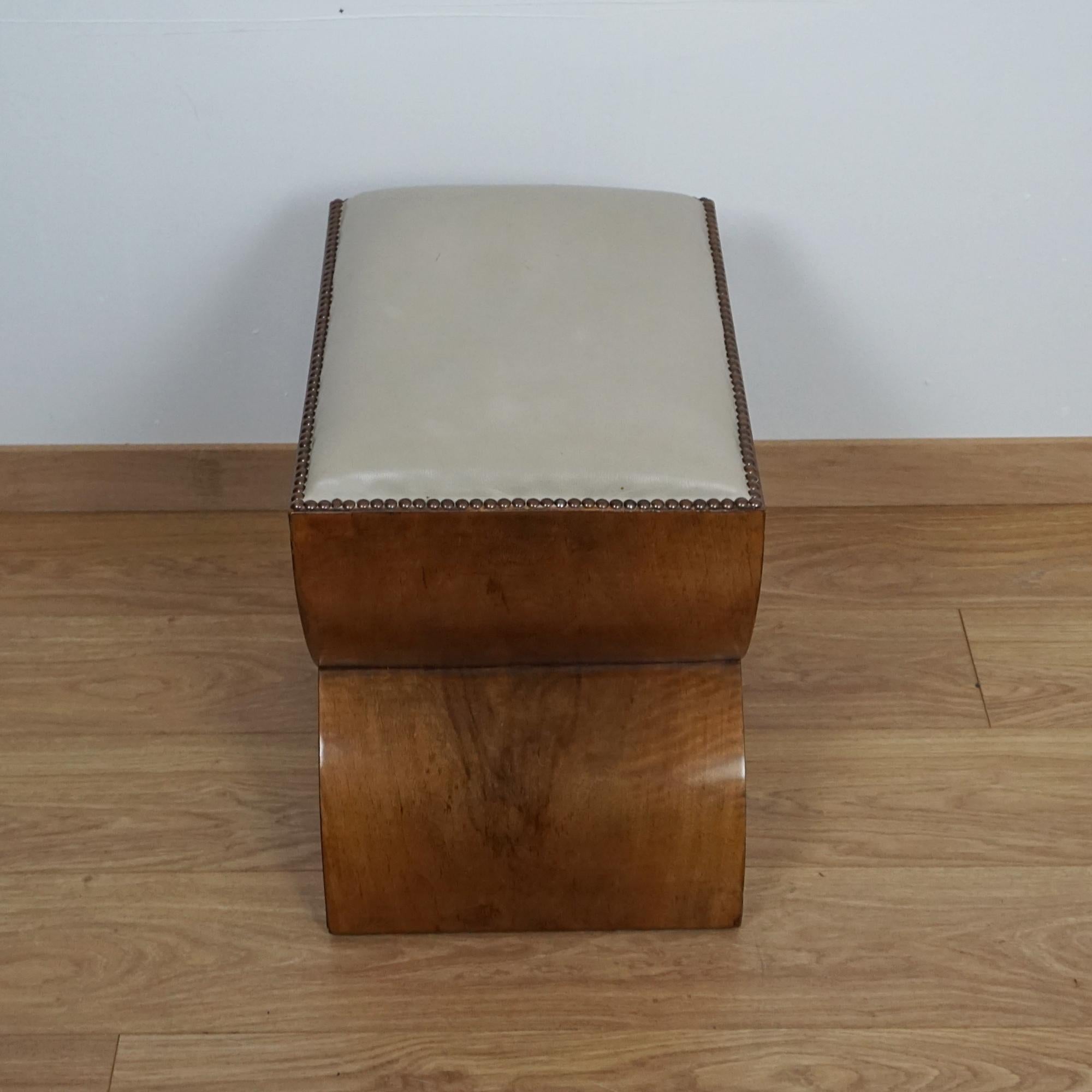 English Art Deco Walnut and Leather Stool For Sale