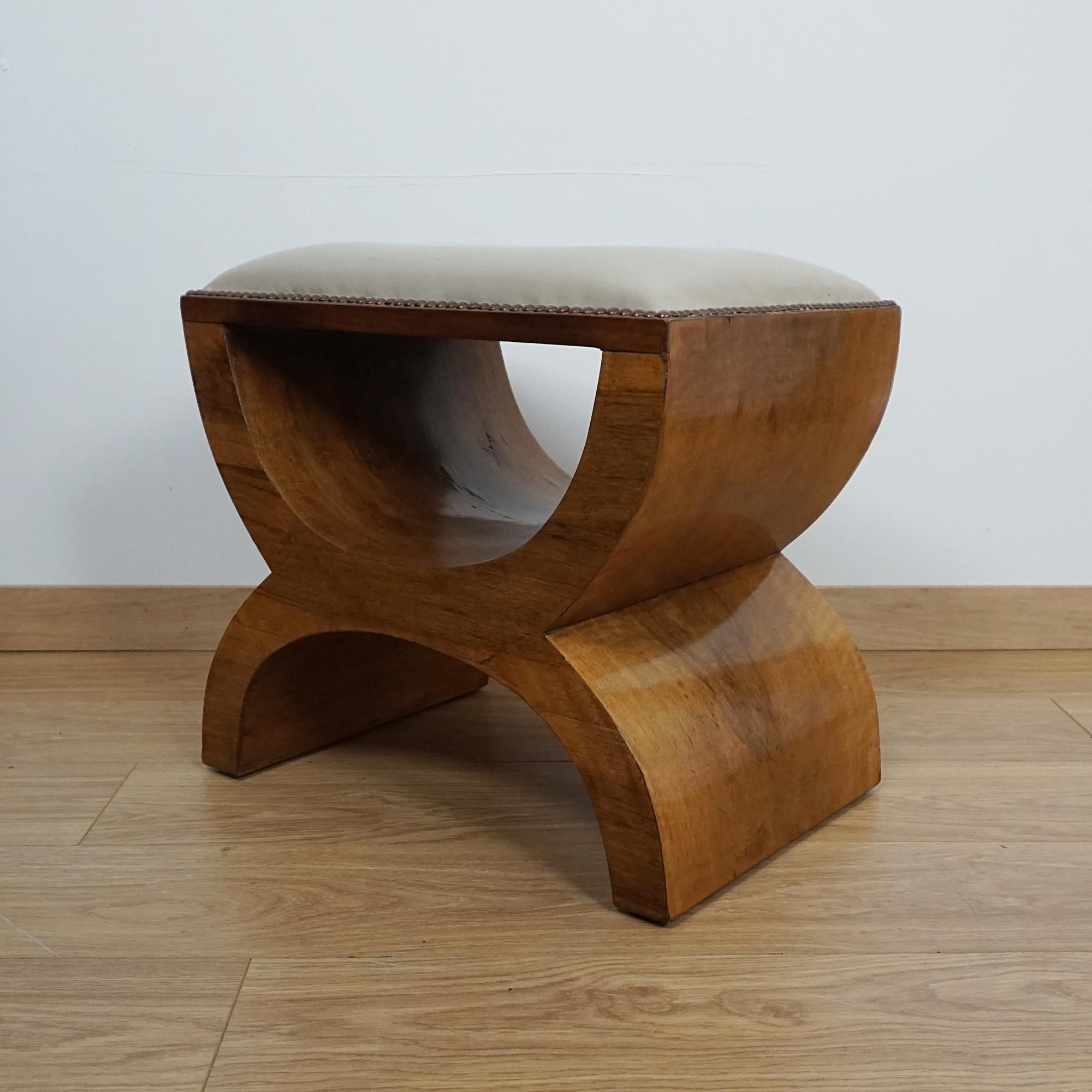 Art Deco Walnut and Leather Stool In Good Condition For Sale In Forest Row, East Sussex