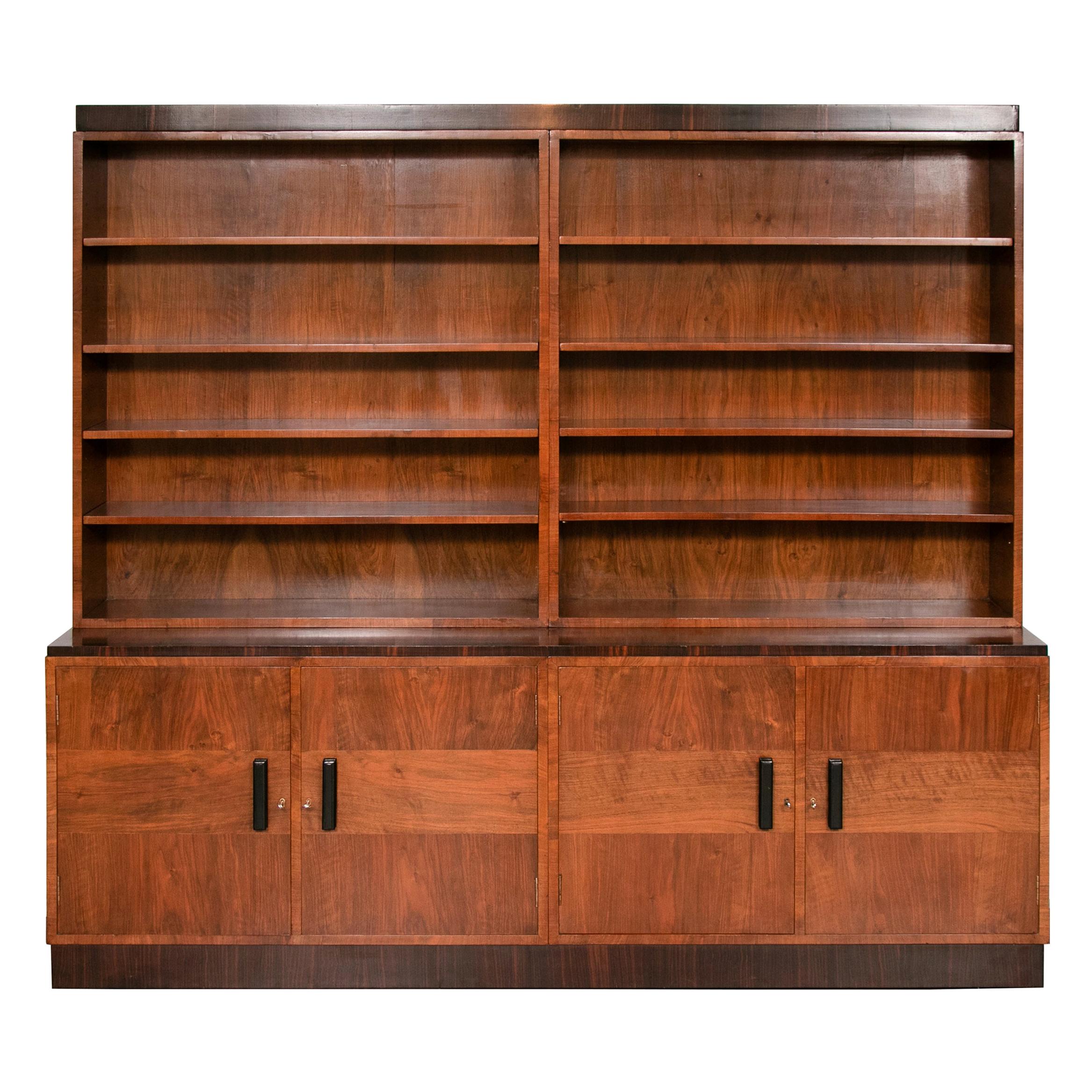 Art Deco Walnut and Macassar Bookcase with Cupboard Base and Open Shelf Top For Sale