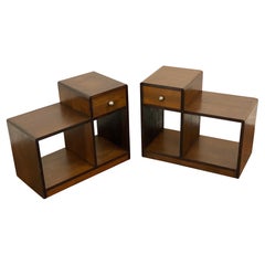Art Deco Walnut and Spun Aluminum Step Back End Tables, A Pair
