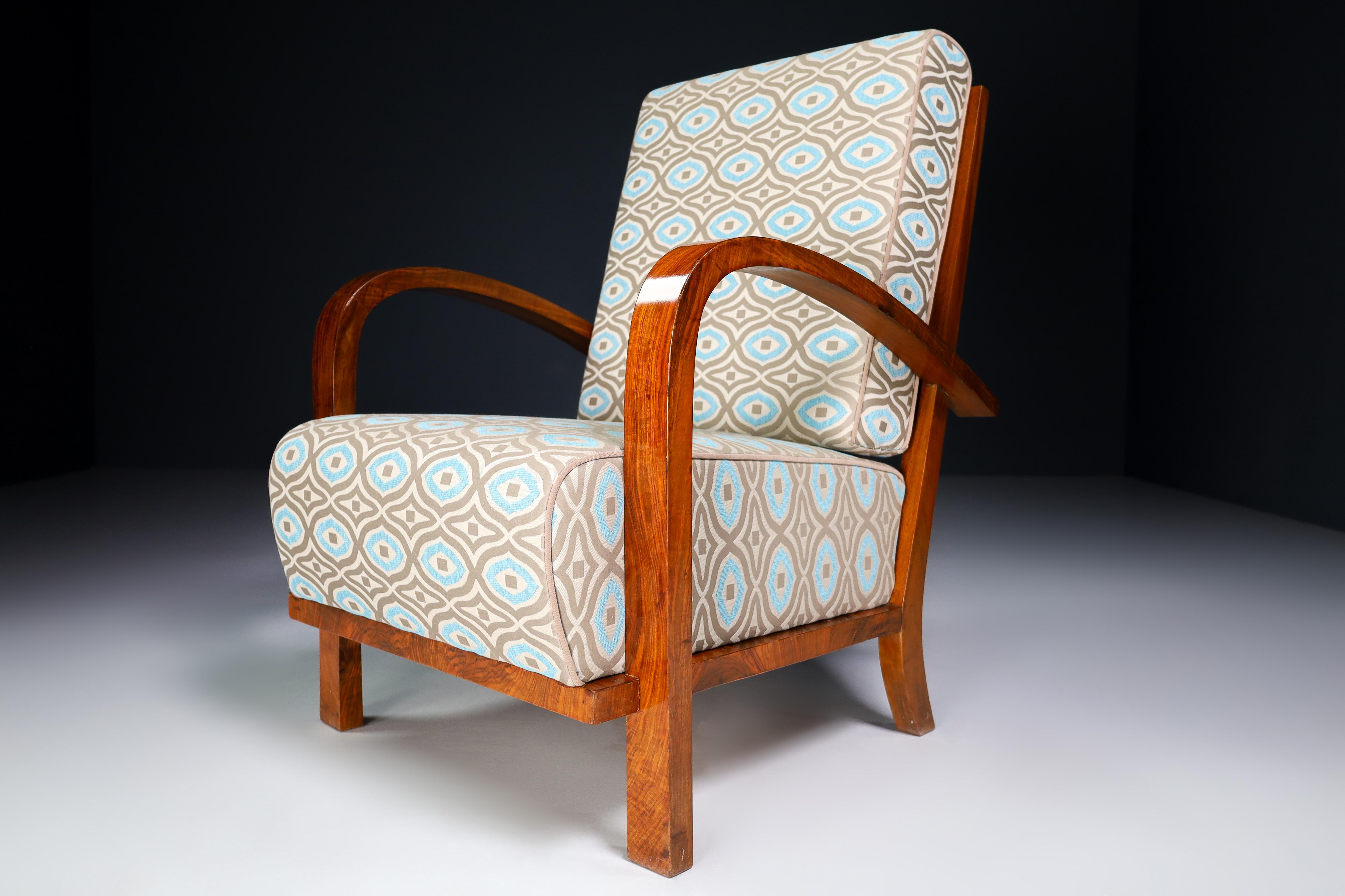 Czech Art-Deco Walnut Armchairs in Reupholstered in Fabric, Praque, 1930s For Sale