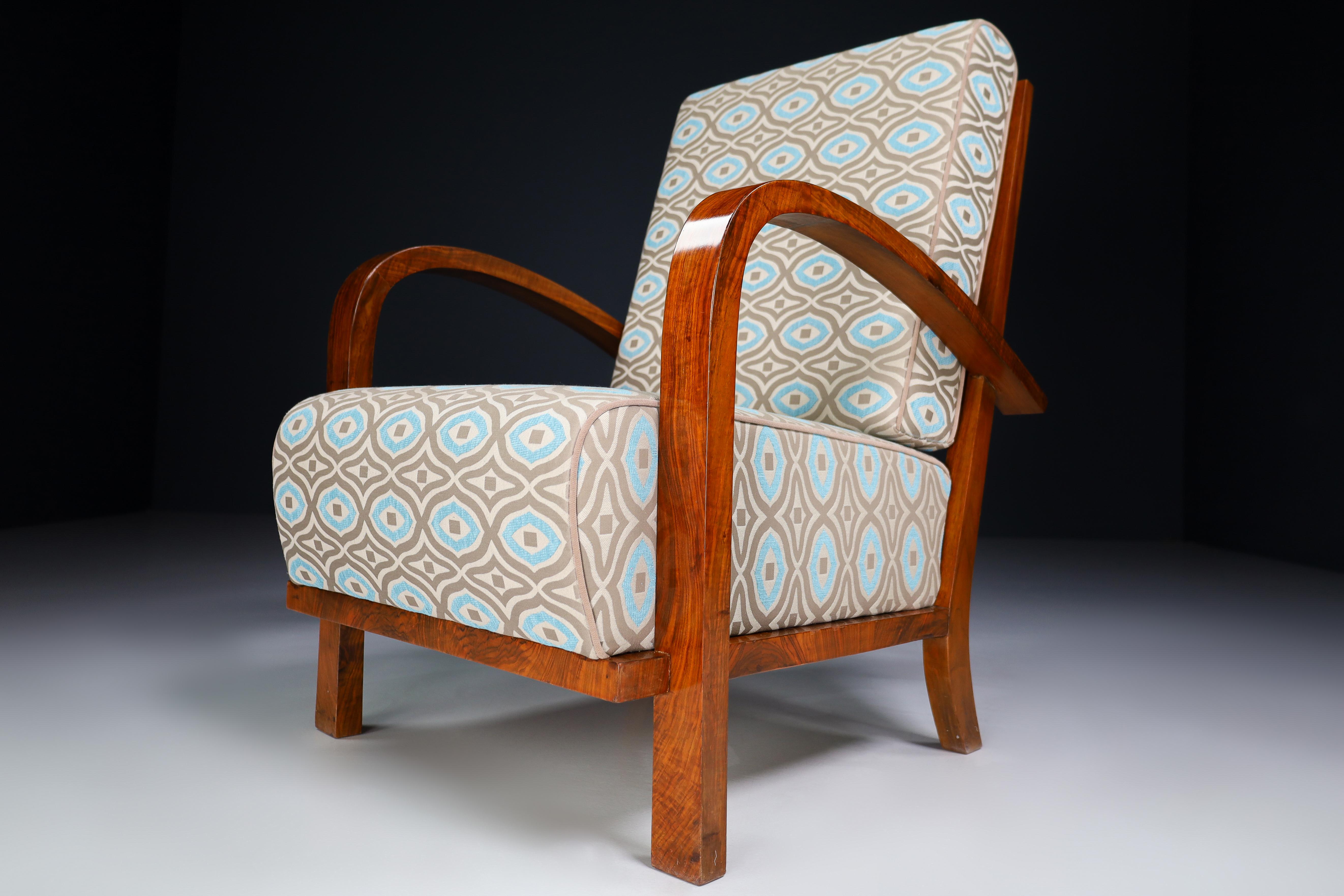 20th Century Art-Deco Walnut Armchairs in Reupholstered in Fabric, Praque, 1930s For Sale
