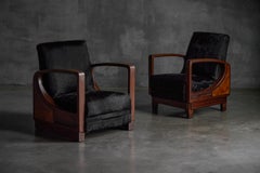 Art Deco Walnut Armchairs with Cowhide Upholstery, France - 1930s