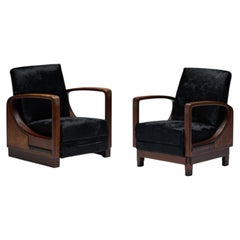 Art Deco Walnut Armchairs with Cowhide Upholstery, France - 1930s