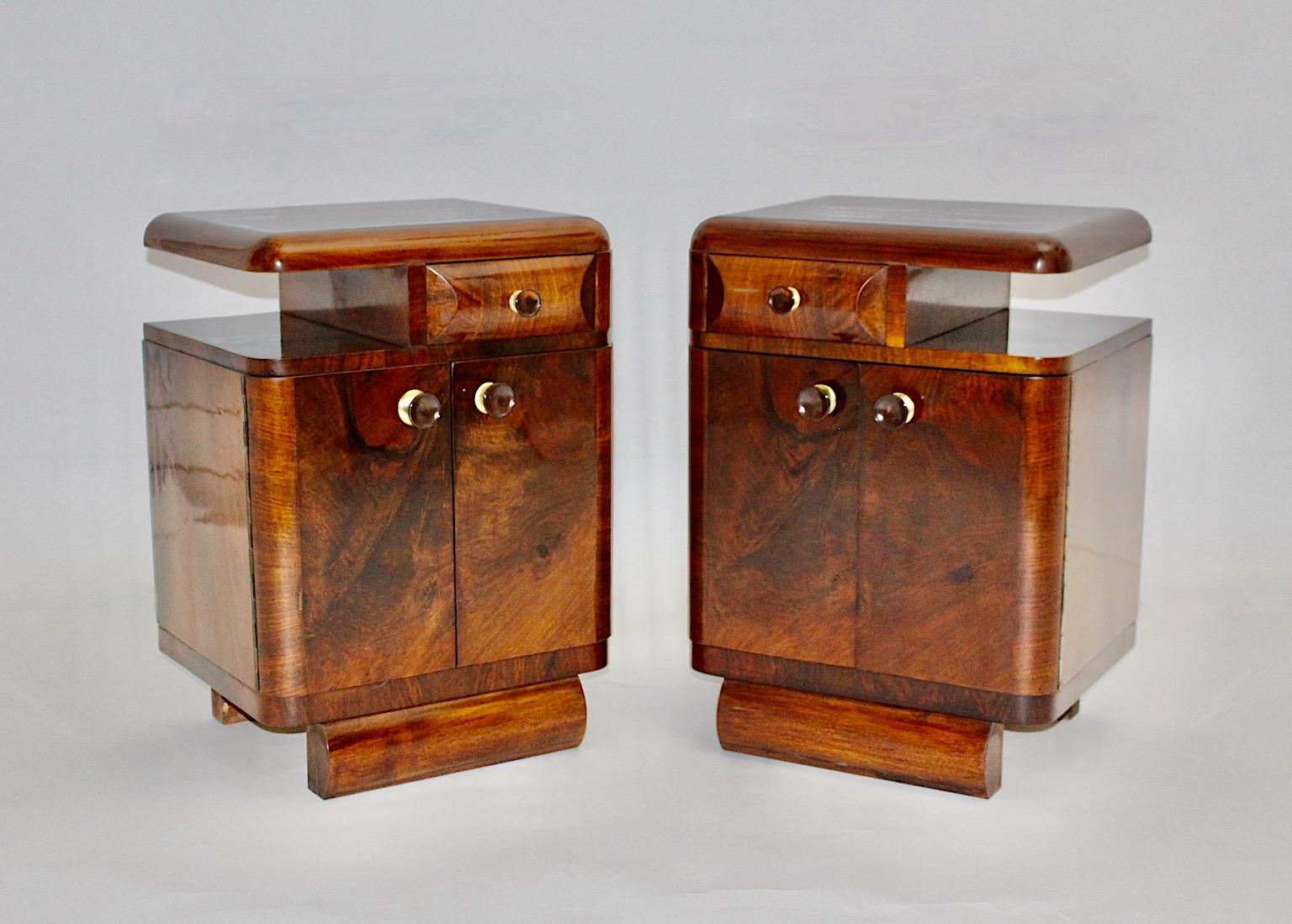 Austrian Art Deco Walnut Bakelite Vintage Pair of Night Stands, 1930s, Austria