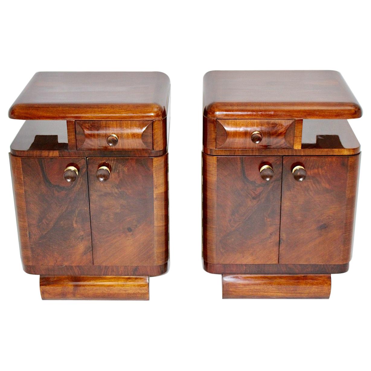 Art Deco Walnut Bakelite Vintage Pair of Night Stands, 1930s, Austria