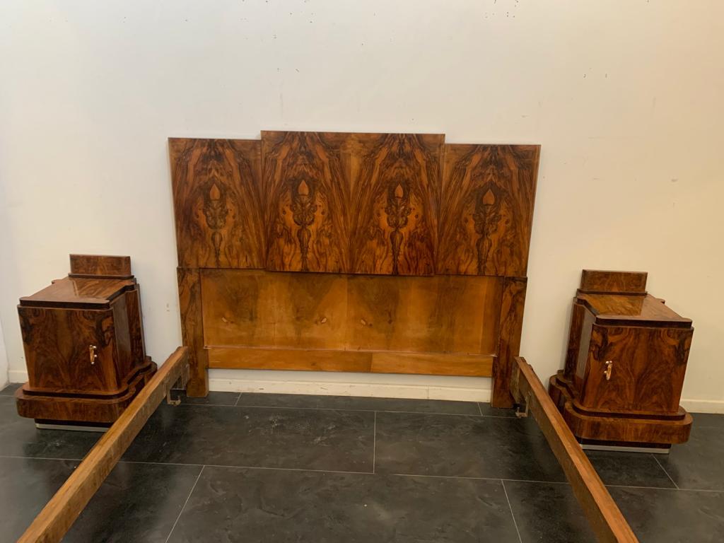 Art Deco Walnut Bed and Pair of Bedside Tables by Ducrot, 1920s For Sale 4
