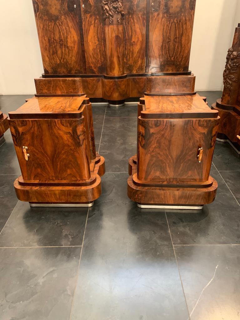 Art Deco Walnut Bed and Pair of Bedside Tables by Ducrot, 1920s For Sale 8