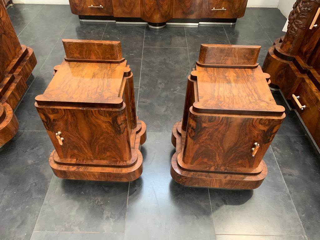 Art Deco Walnut Bed and Pair of Bedside Tables by Ducrot, 1920s For Sale 9