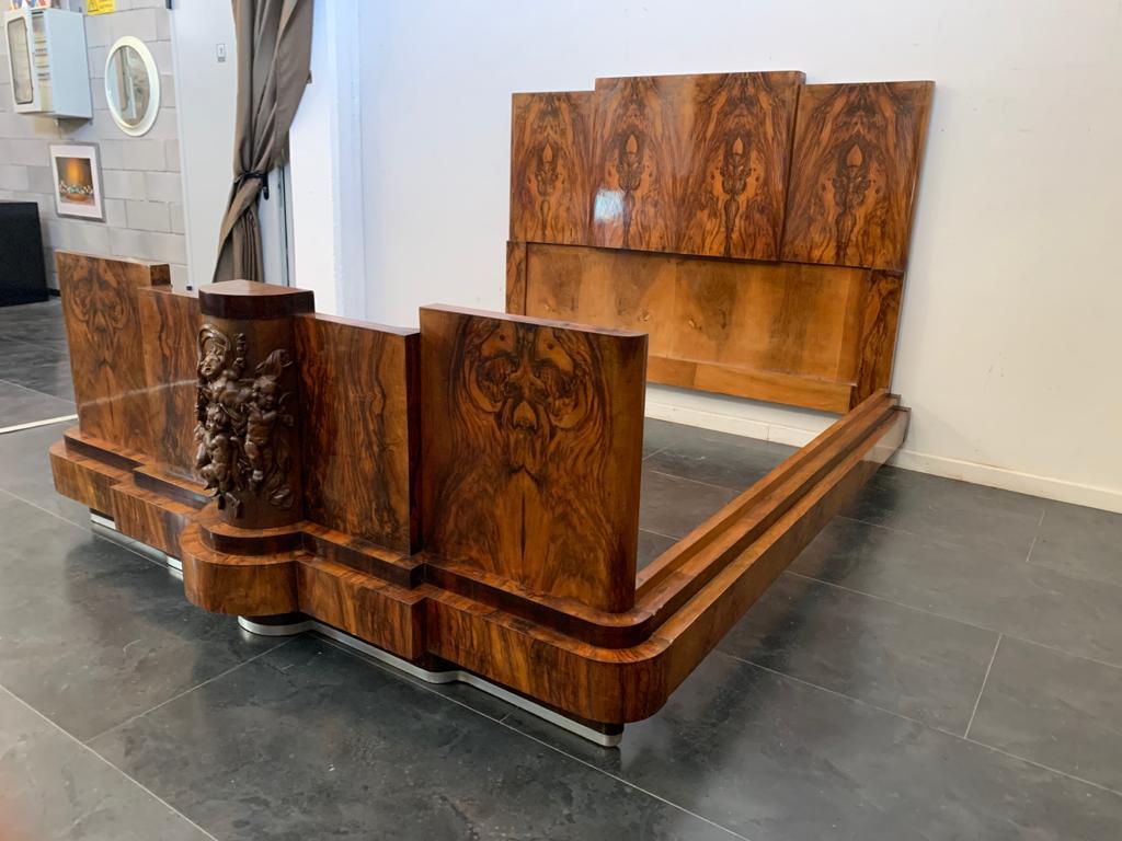 Early 20th Century Art Deco Walnut Bed and Pair of Bedside Tables by Ducrot, 1920s For Sale