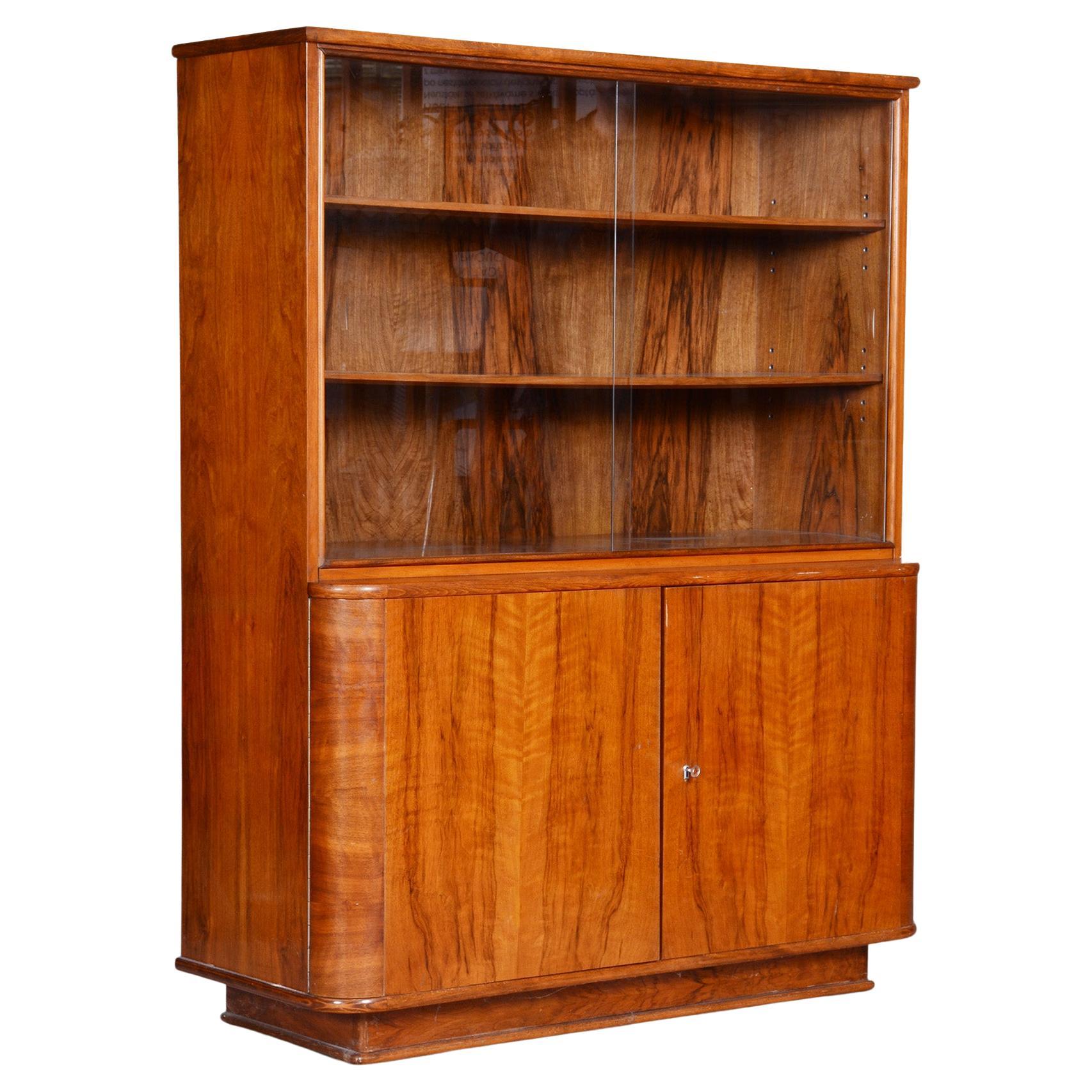 Art Deco Walnut Bookcase, Well-Preserved Original Condition, Czechia, 1950s For Sale