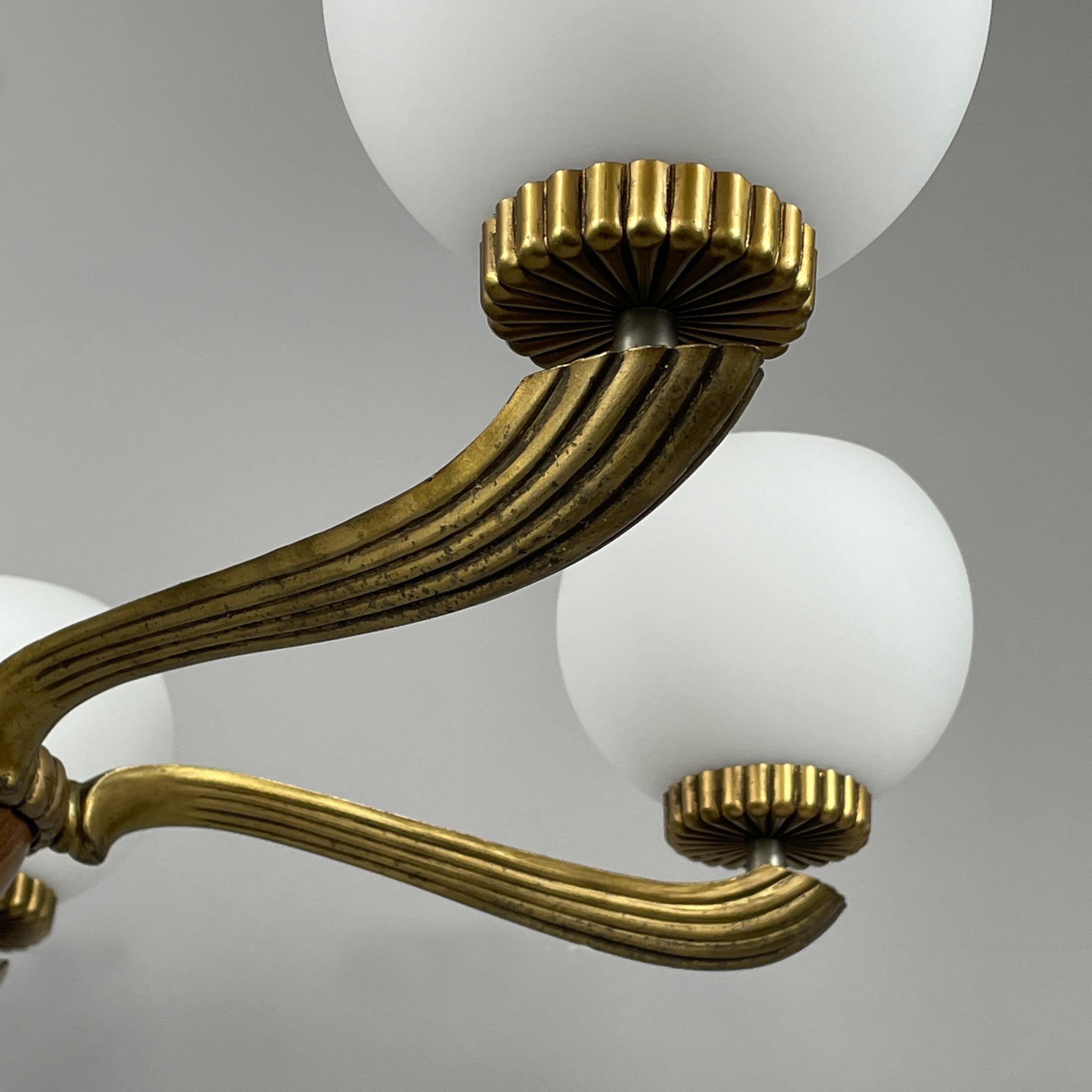 Art Deco Walnut, Brass & Opaline Glas Chandelier, Sweden 1930s 5
