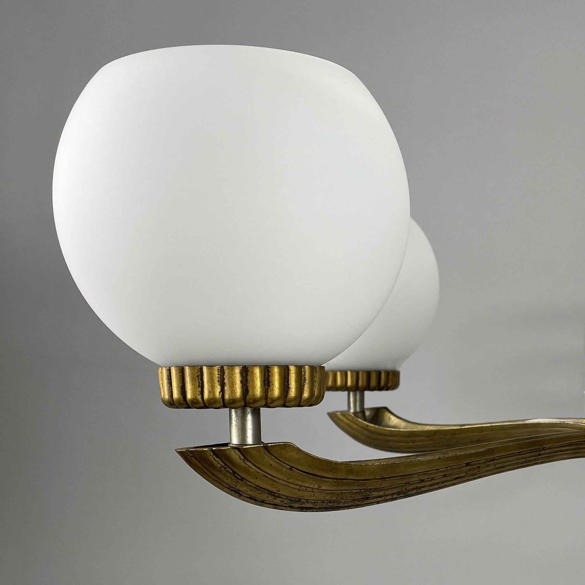 Art Deco Walnut, Brass & Opaline Glas Chandelier, Sweden 1930s 6