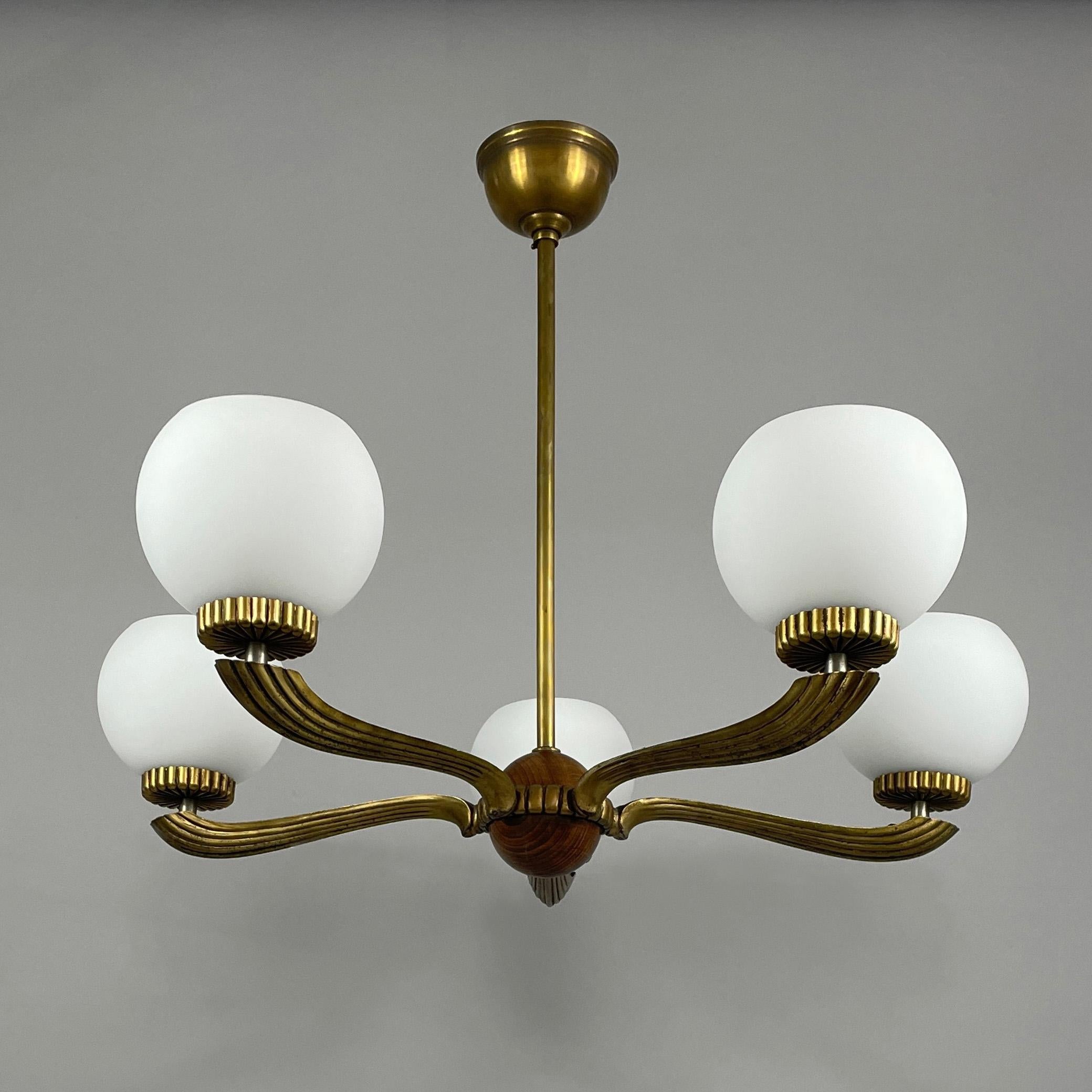 Art Deco Walnut, Brass & Opaline Glas Chandelier, Sweden 1930s 7