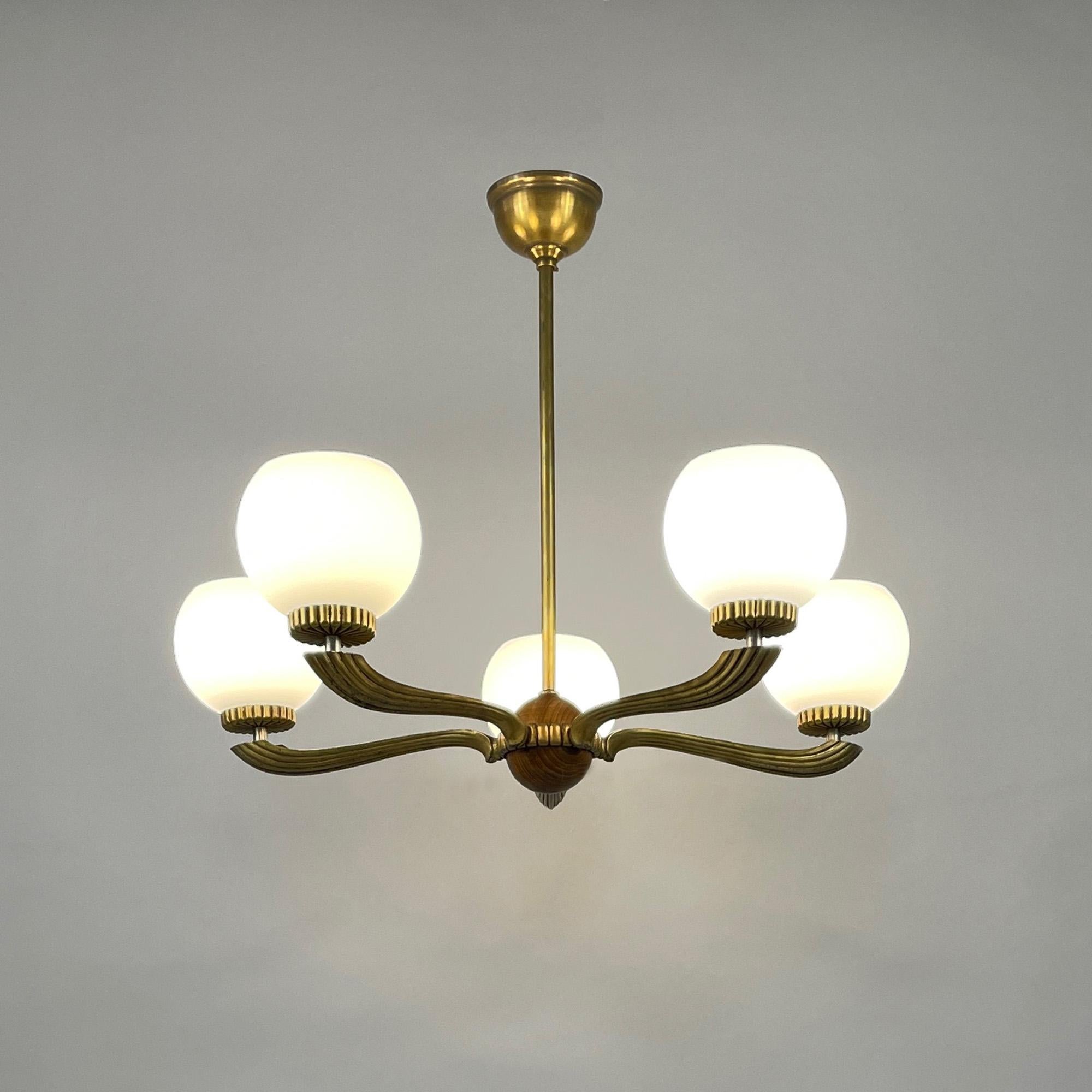 Art Deco Walnut, Brass & Opaline Glas Chandelier, Sweden 1930s 8