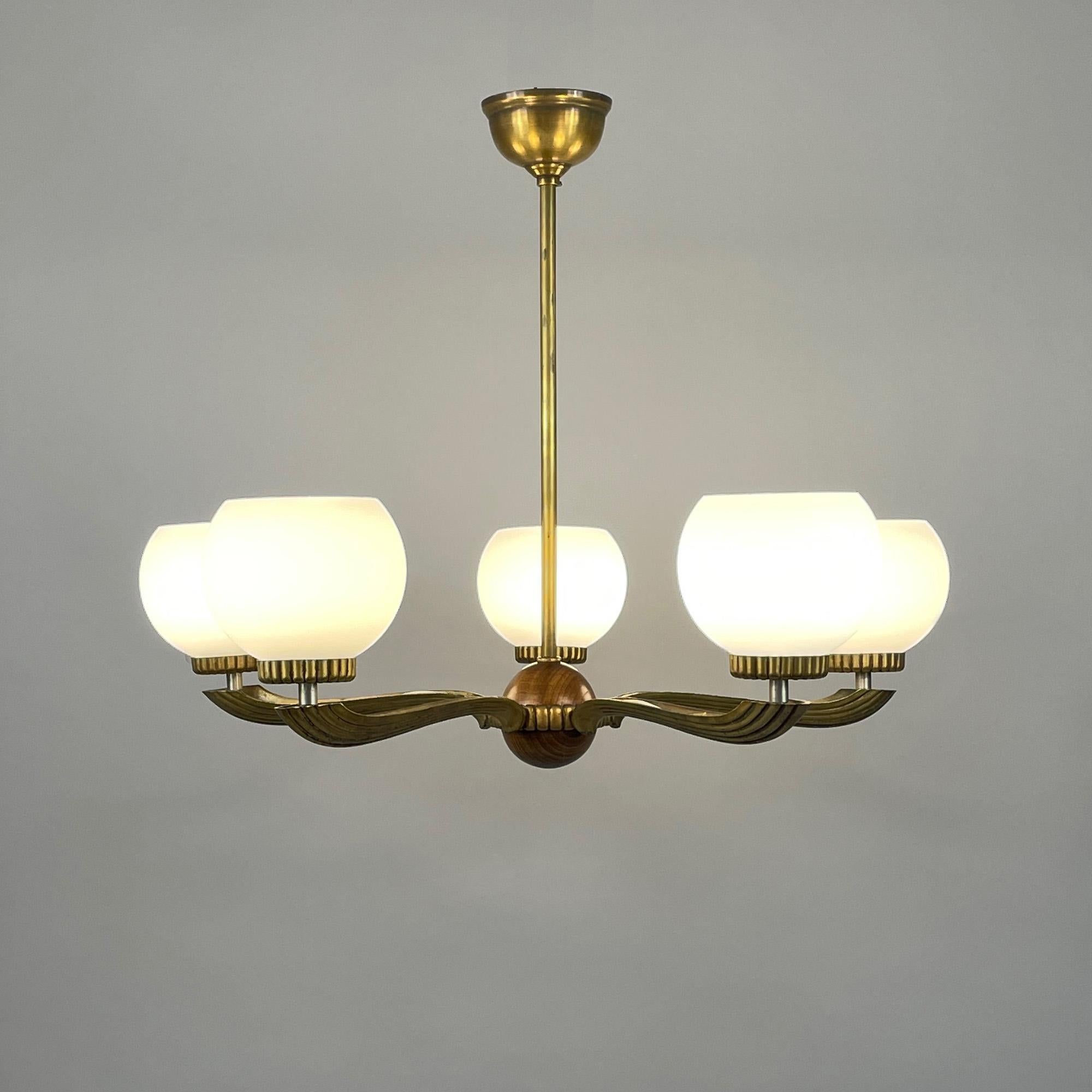 Swedish Art Deco Walnut, Brass & Opaline Glas Chandelier, Sweden 1930s