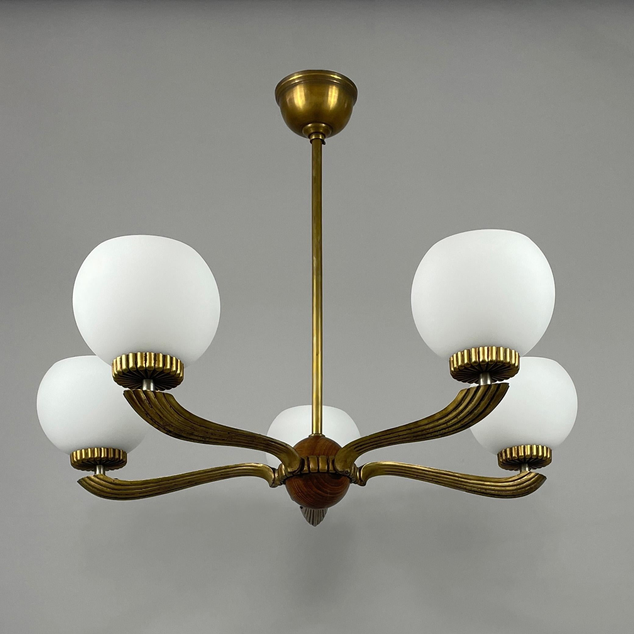 Art Deco Walnut, Brass & Opaline Glas Chandelier, Sweden 1930s In Good Condition In NUEMBRECHT, NRW