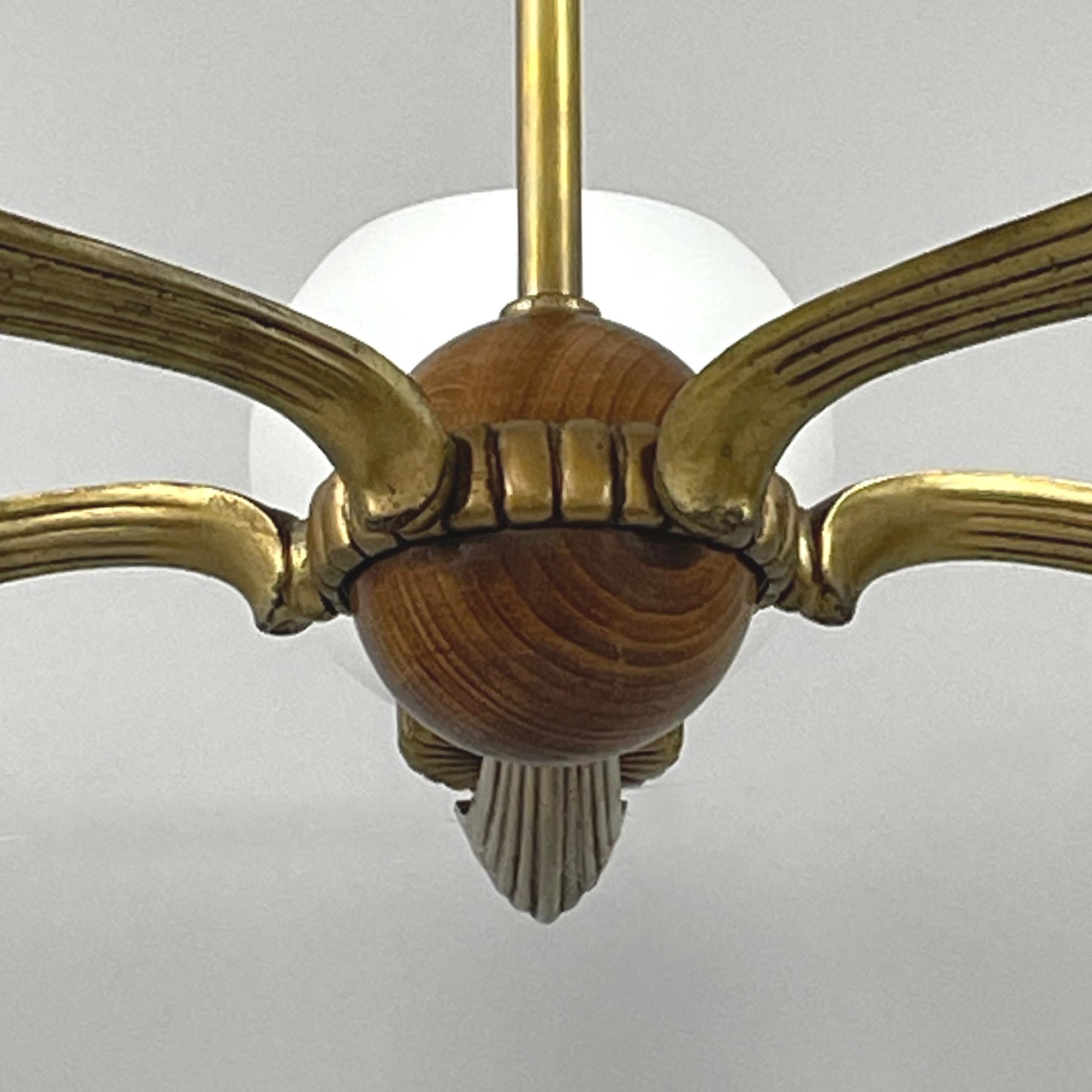 Art Deco Walnut, Brass & Opaline Glas Chandelier, Sweden 1930s 1