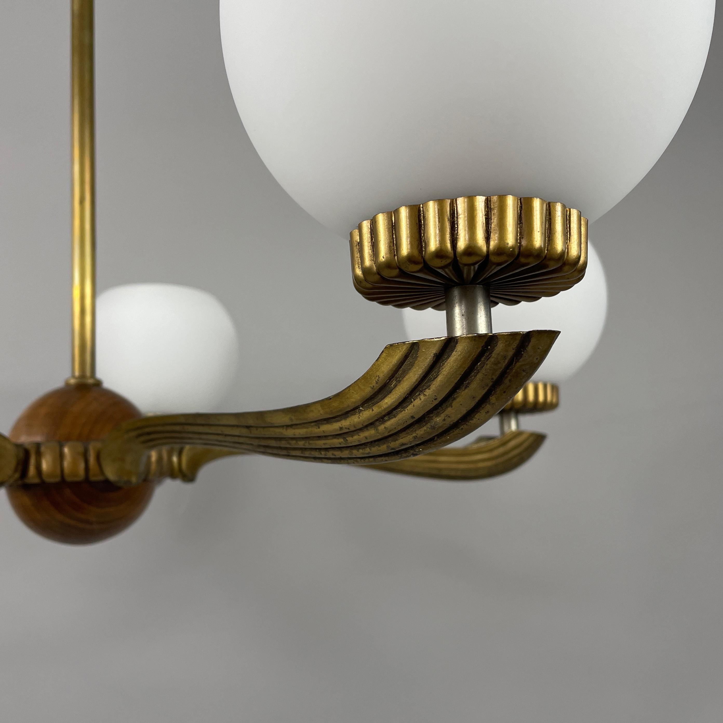 Art Deco Walnut, Brass & Opaline Glas Chandelier, Sweden 1930s 2