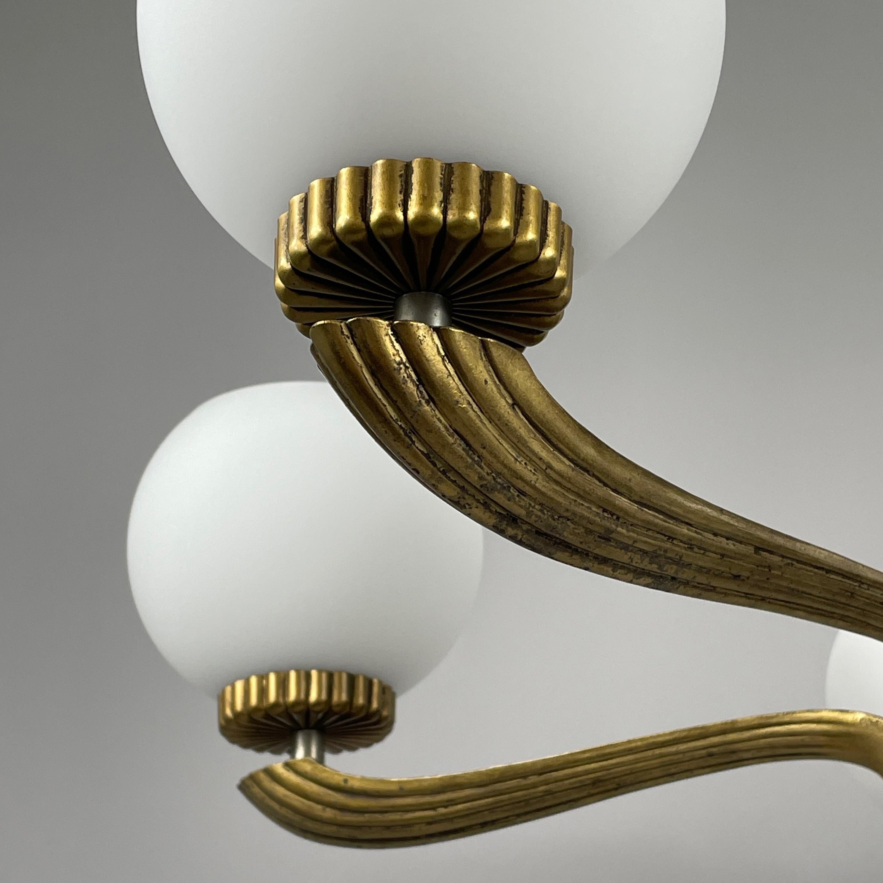 Art Deco Walnut, Brass & Opaline Glas Chandelier, Sweden 1930s 3